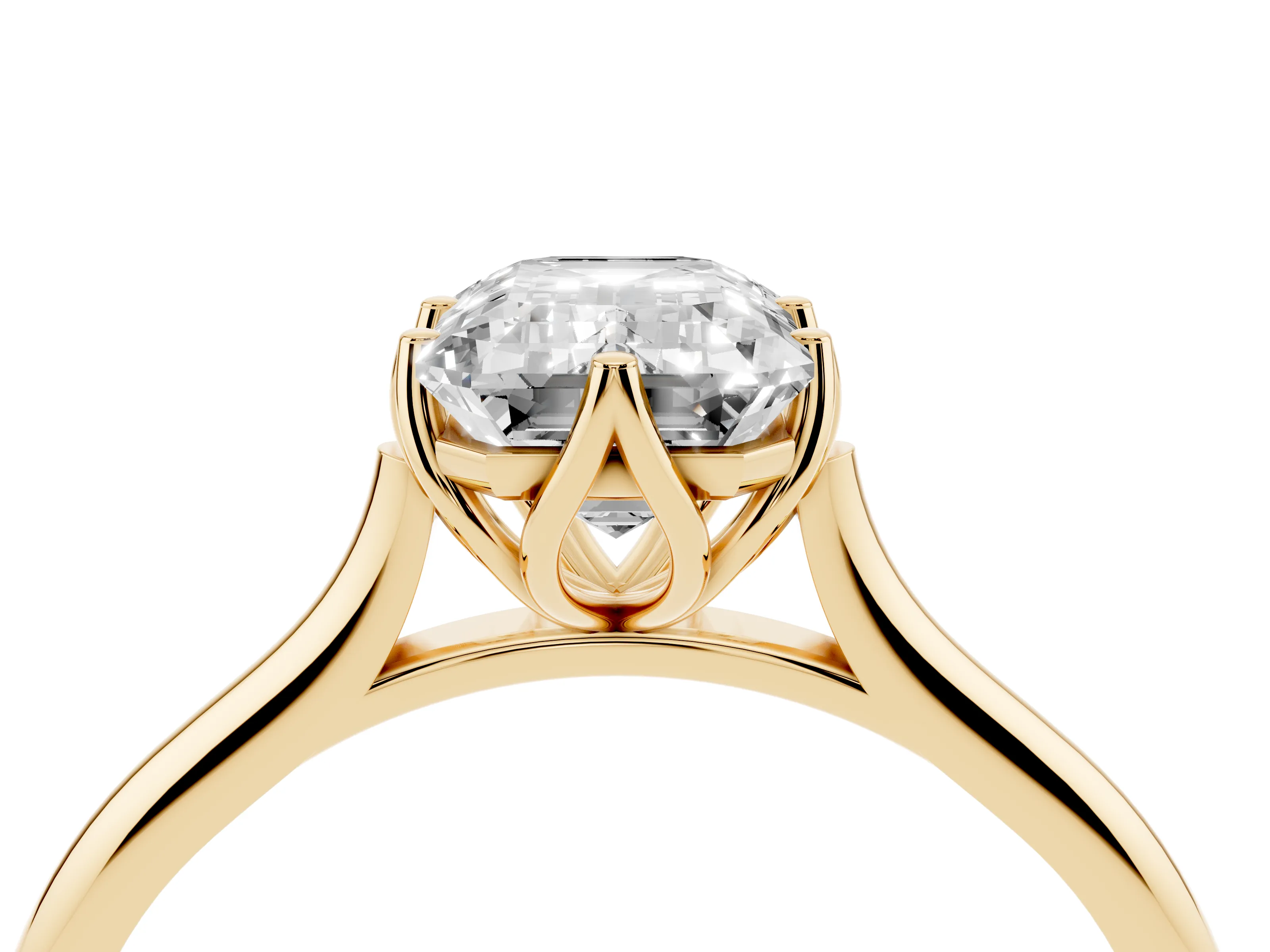 Emerald Cut Diamond Solitaire Cathedral Ring Set in Yellow gold with Prong Setting