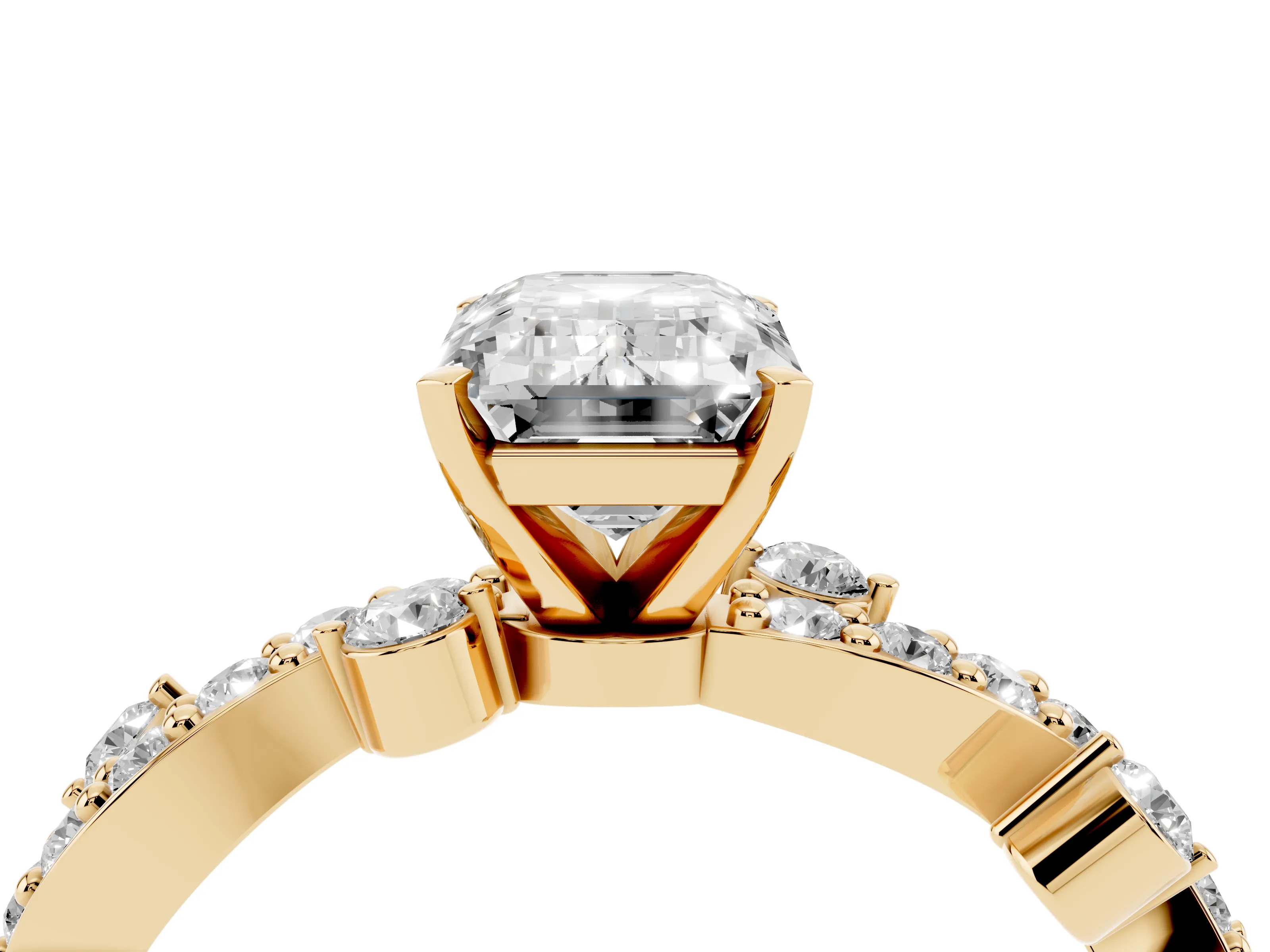 Emerald Cut Diamond Solitaire Twisted Band Set in Yellow gold with Pavé Setting