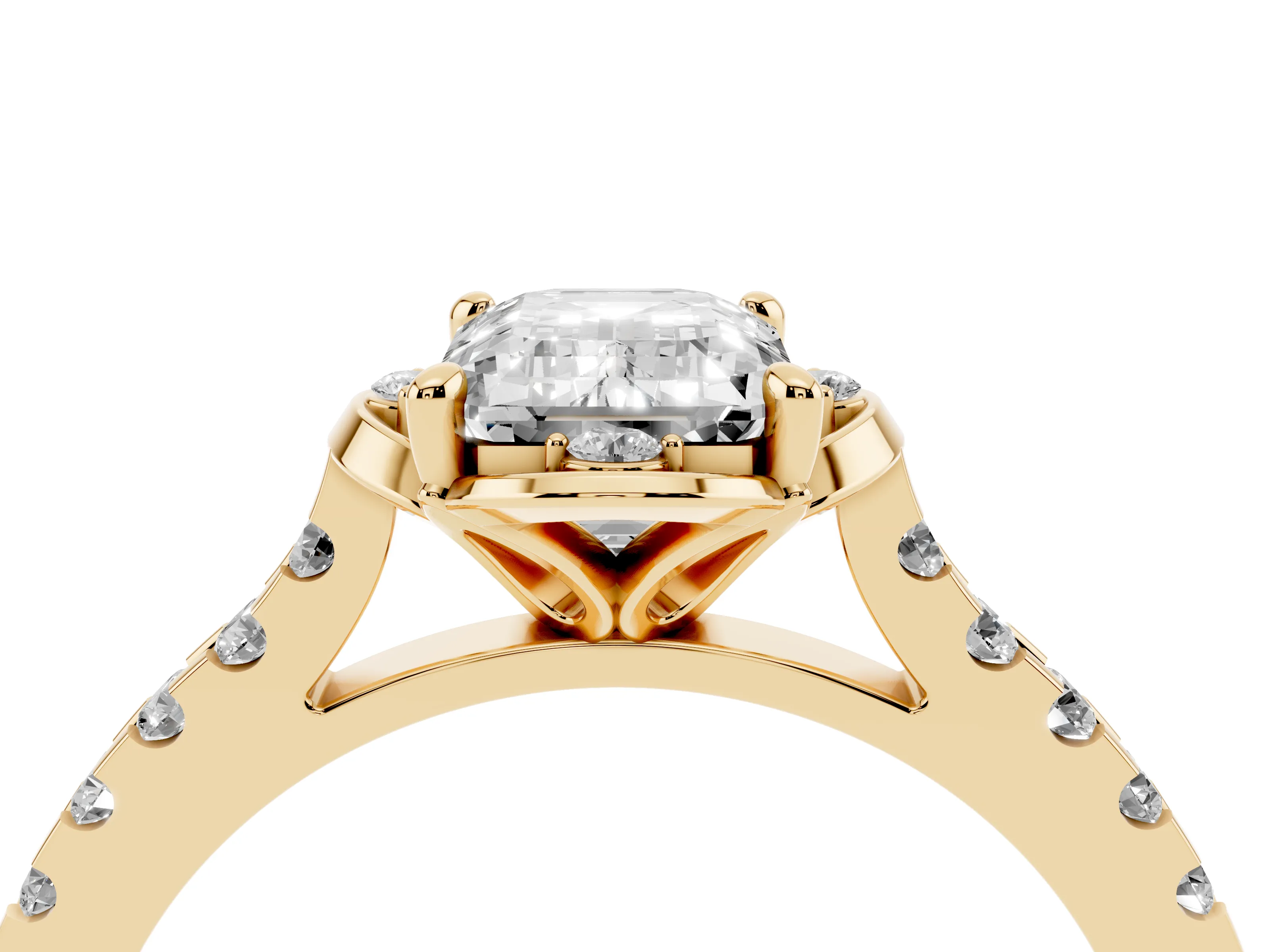 Emerald Cut Diamond Solitaire Ring Set in Yellow gold with Pavé Band and Floral Prong Setting