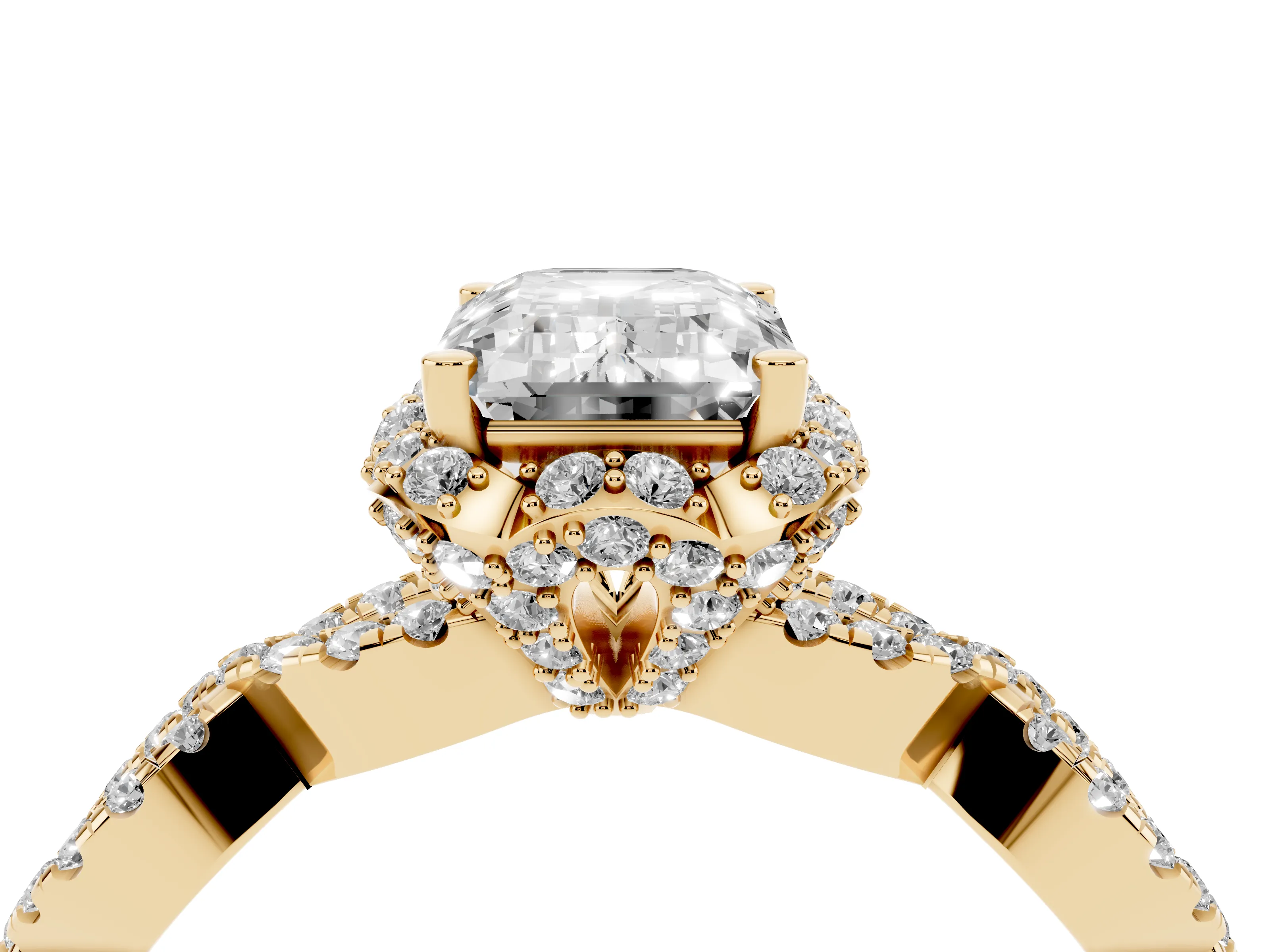 Emerald Cut Diamond Halo Twist Band Solitaire Ring Set in Yellow gold with Prong-Set Center Stone