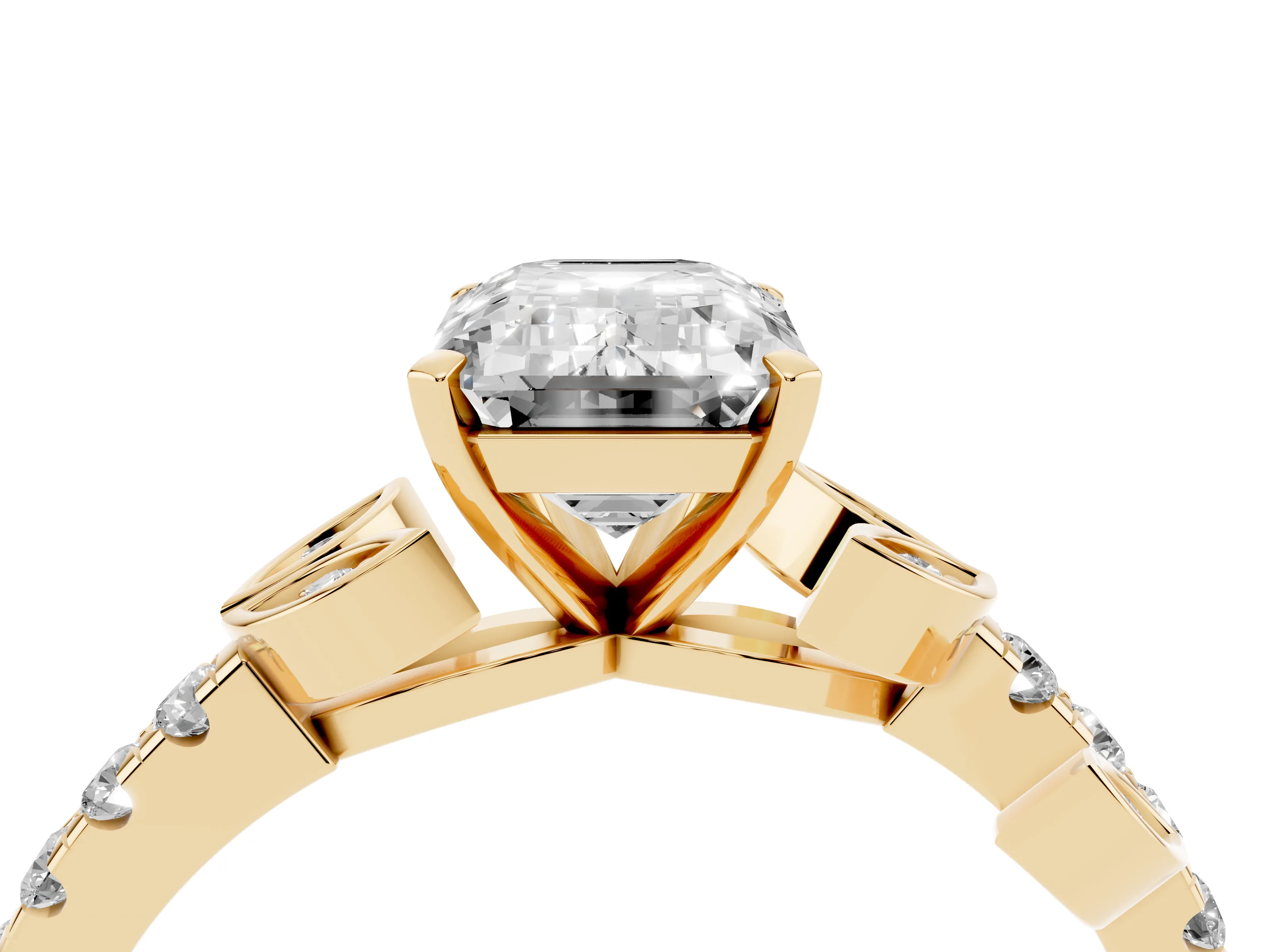 Emerald Cut Diamond Solitaire Leaf-Inspired Ring Set in Yellow gold with Pavé Band and Prong Setting