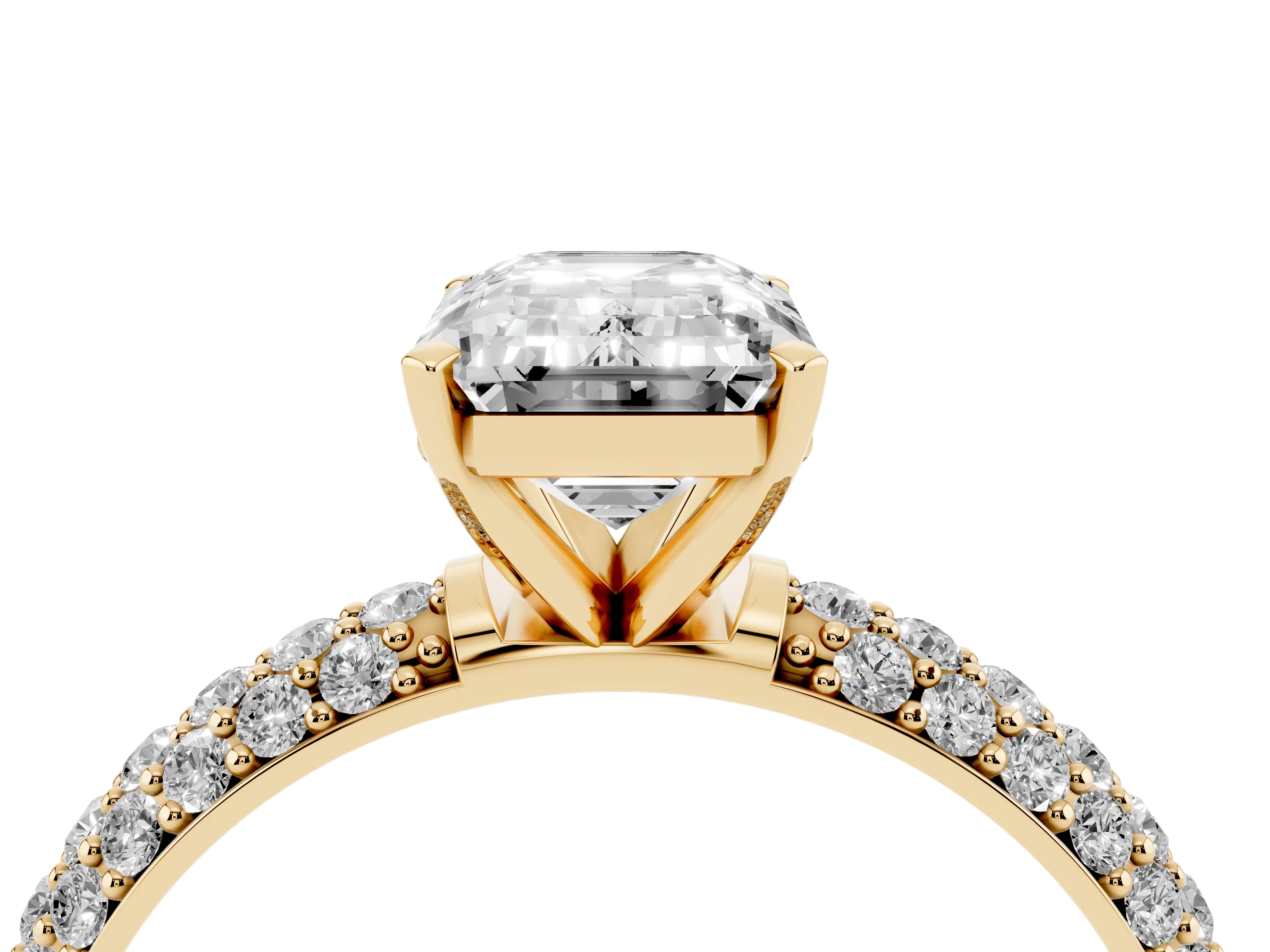 Emerald Cut Diamond Solitaire Ring Set in Yellow gold with Prong Setting and Pavé-Set Band