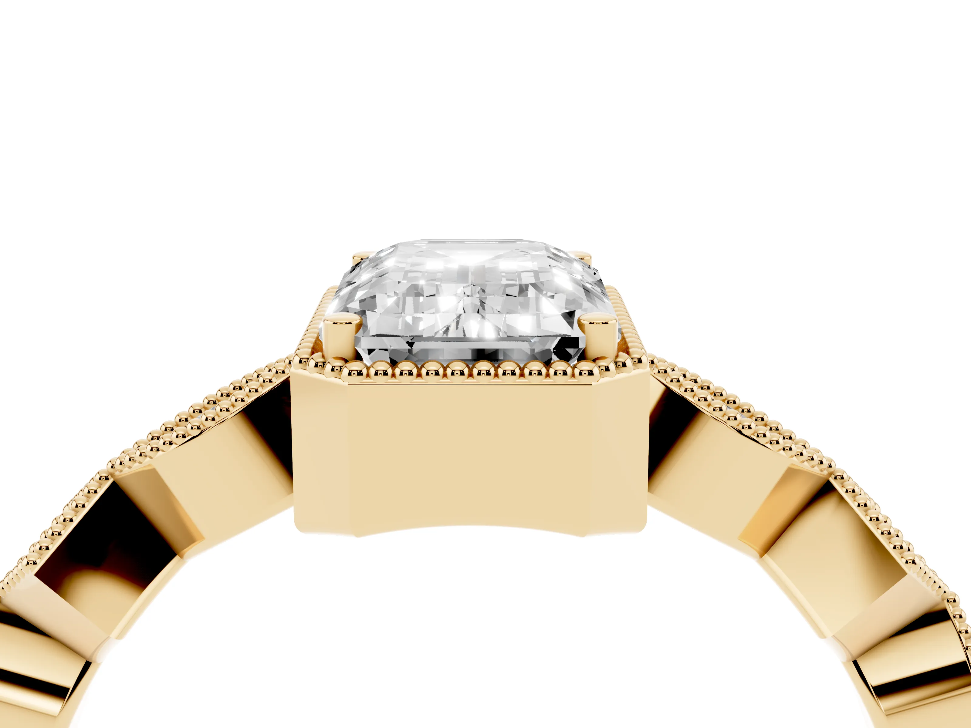 Emerald Cut Diamond Milgrain Marquise Twist Band Ring Set in Yellow gold with Prong Setting