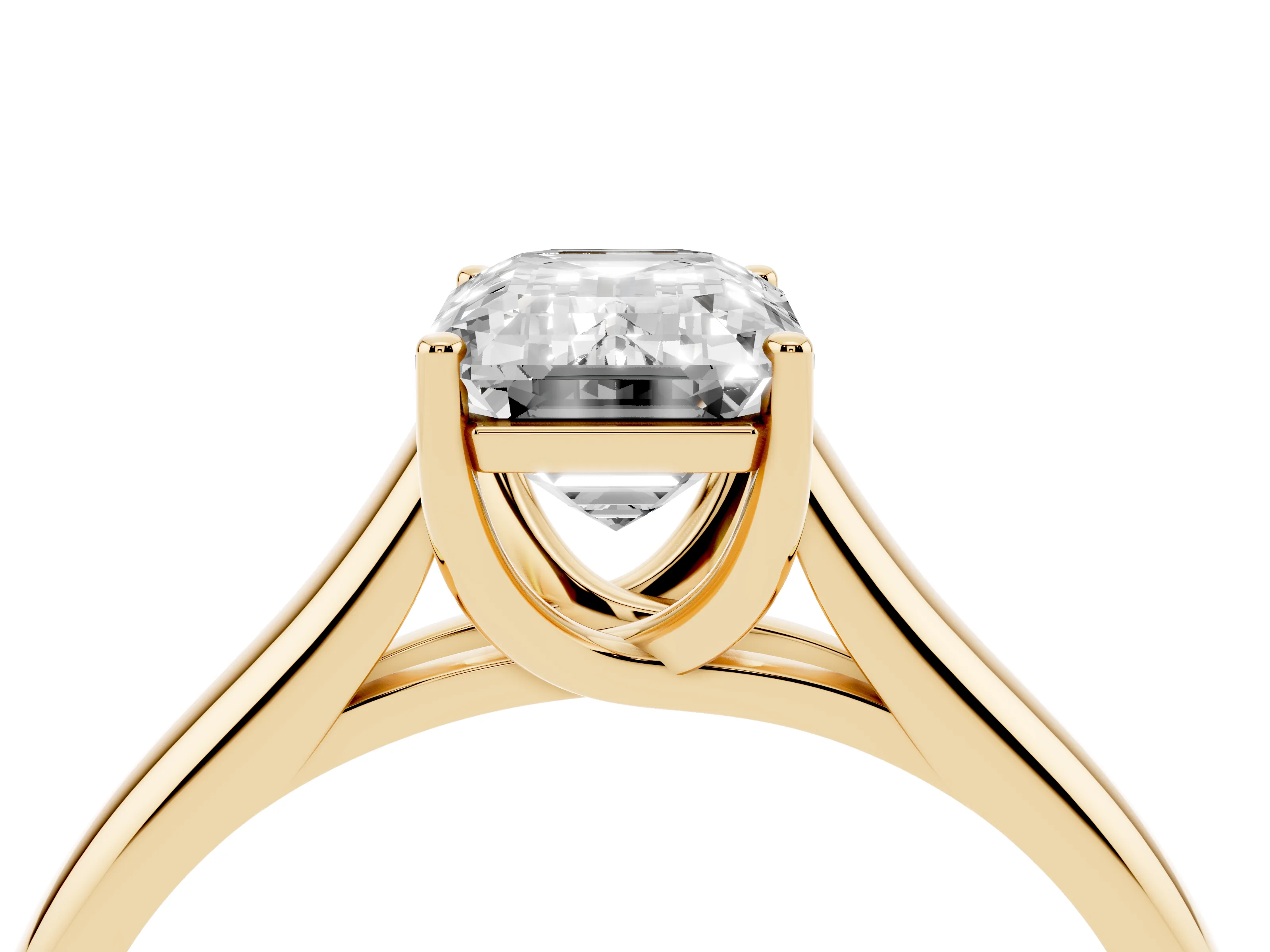 Emerald Cut Diamond Solitaire Engagement Ring Set in Yellow gold with Subtly Tapered Band and Prong Setting