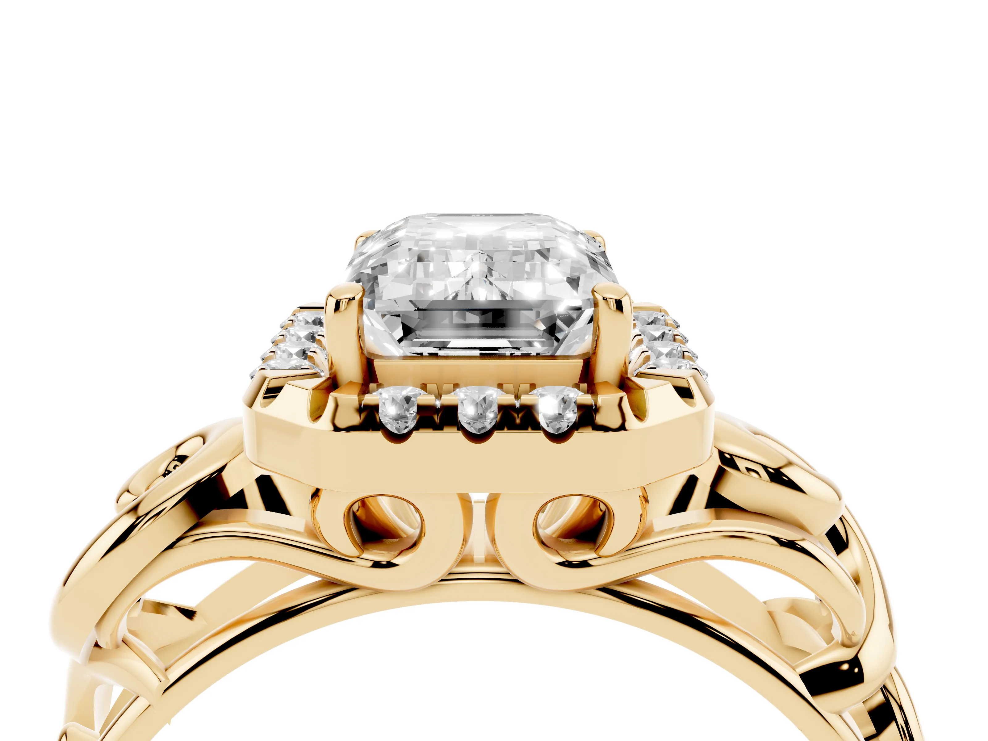 Emerald Cut Diamond Halo Ring Set in Yellow gold with Scrollwork Band and Prong Setting