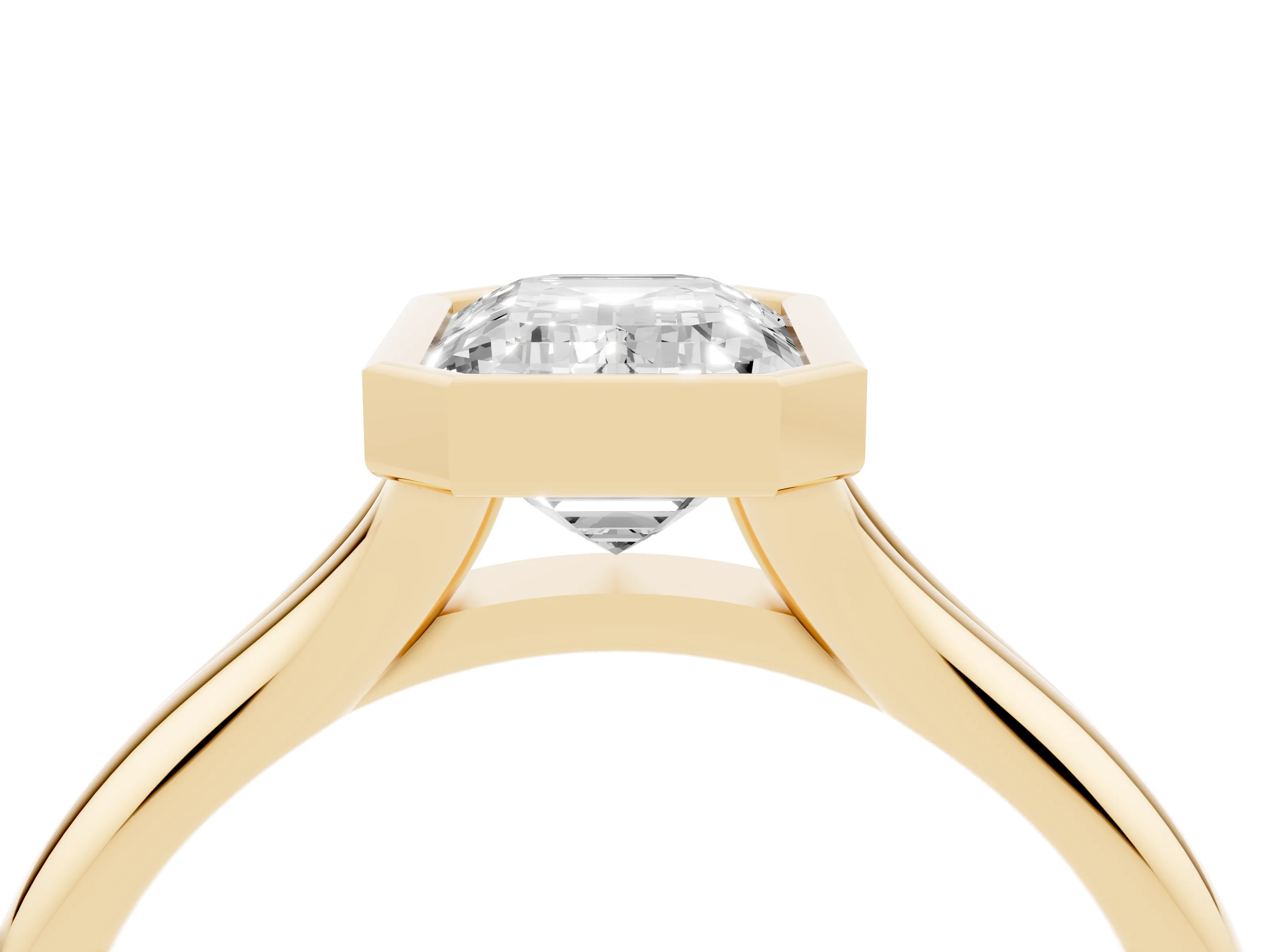 Bezel Set Emerald Cut Diamond Solitaire Ring Set in Yellow gold with Smooth Band