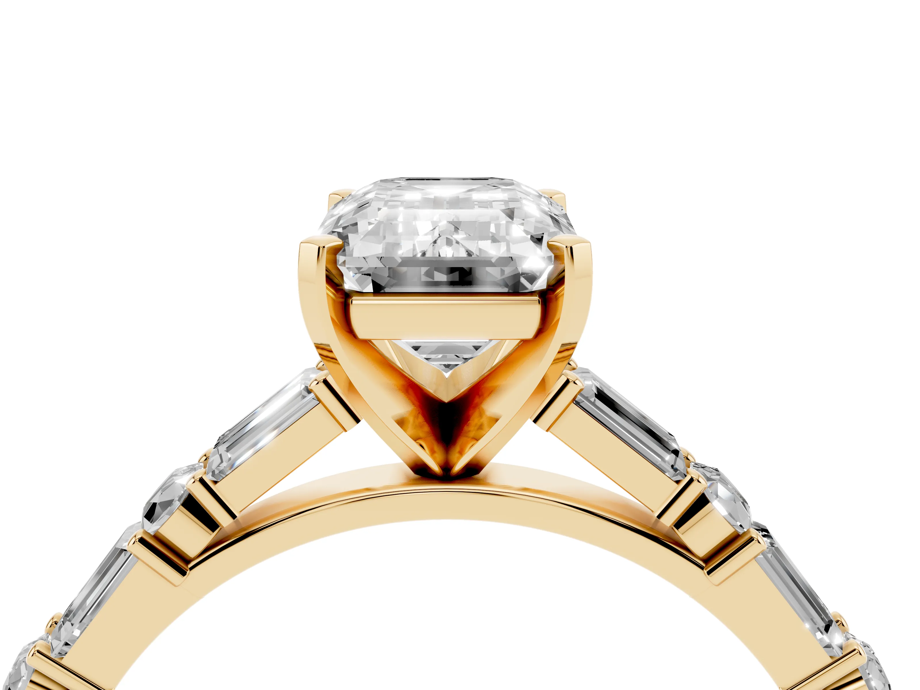 Emerald Cut Diamond Solitaire Set in Yellow gold with Side Baguettes and Channel Set Band