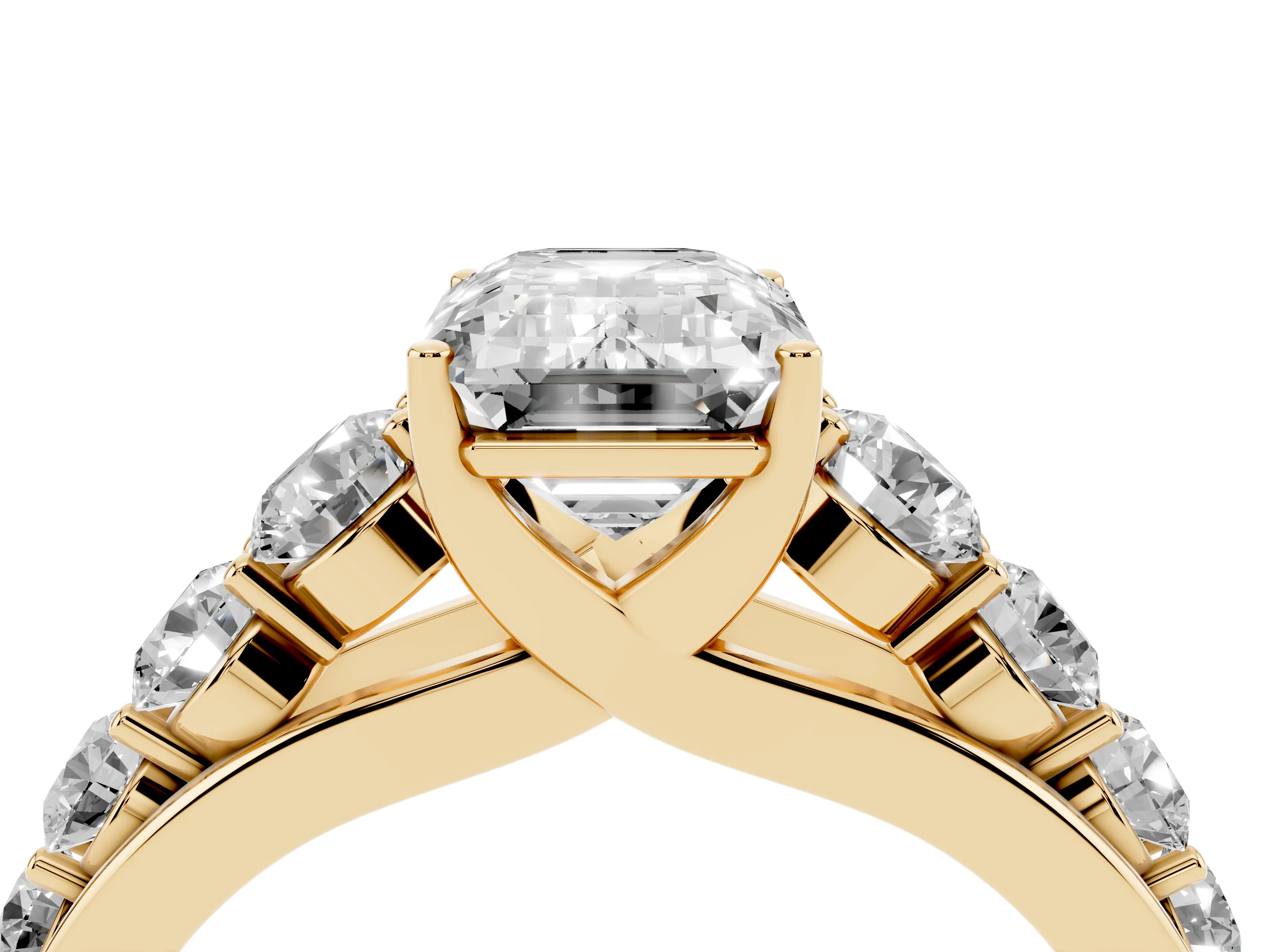 Emerald Cut Diamond Solitaire Ring Set in Yellow gold with Pavé-Set Band and Prong Setting
