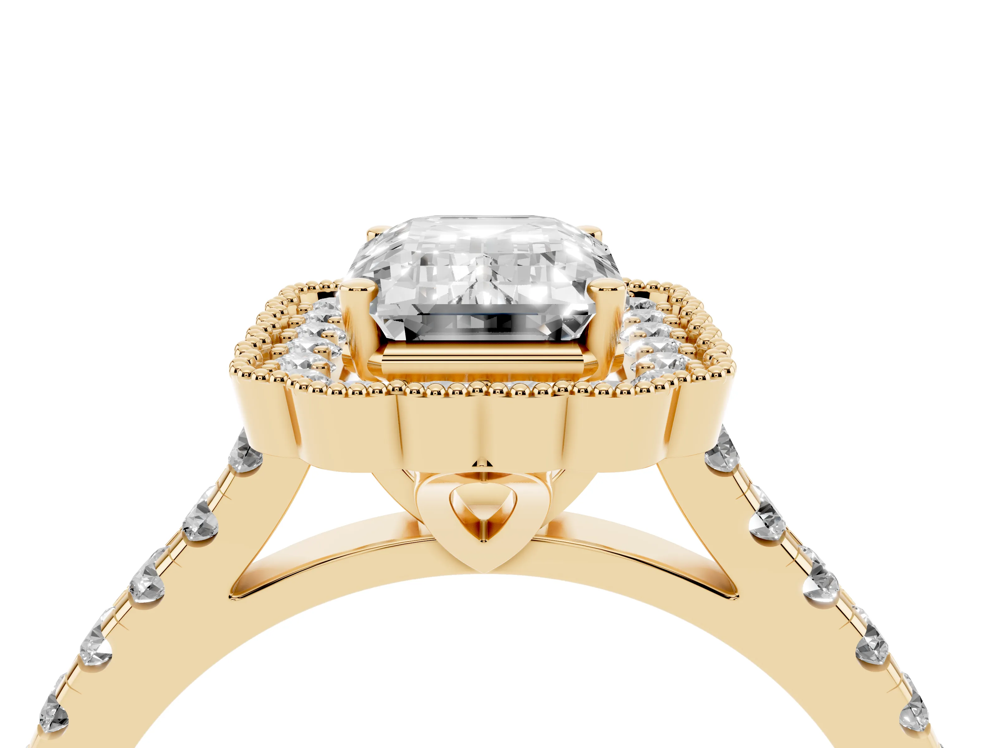 Emerald Cut Diamond Milgrain Floral Halo Engagement Ring Set in Yellow gold with Pavé Band