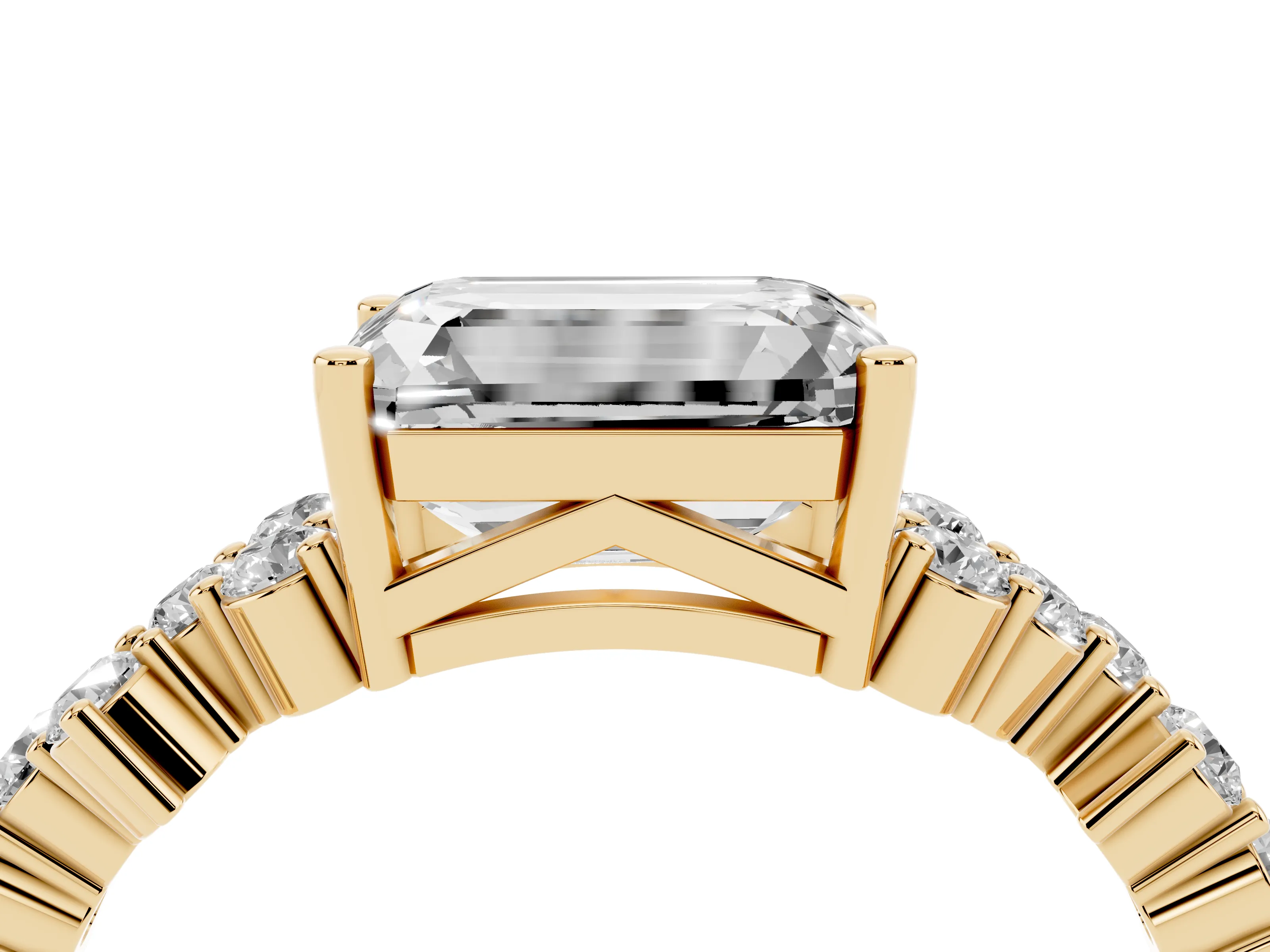 Emerald Cut Diamond Ring Set in Yellow gold with Scattered Round Accents