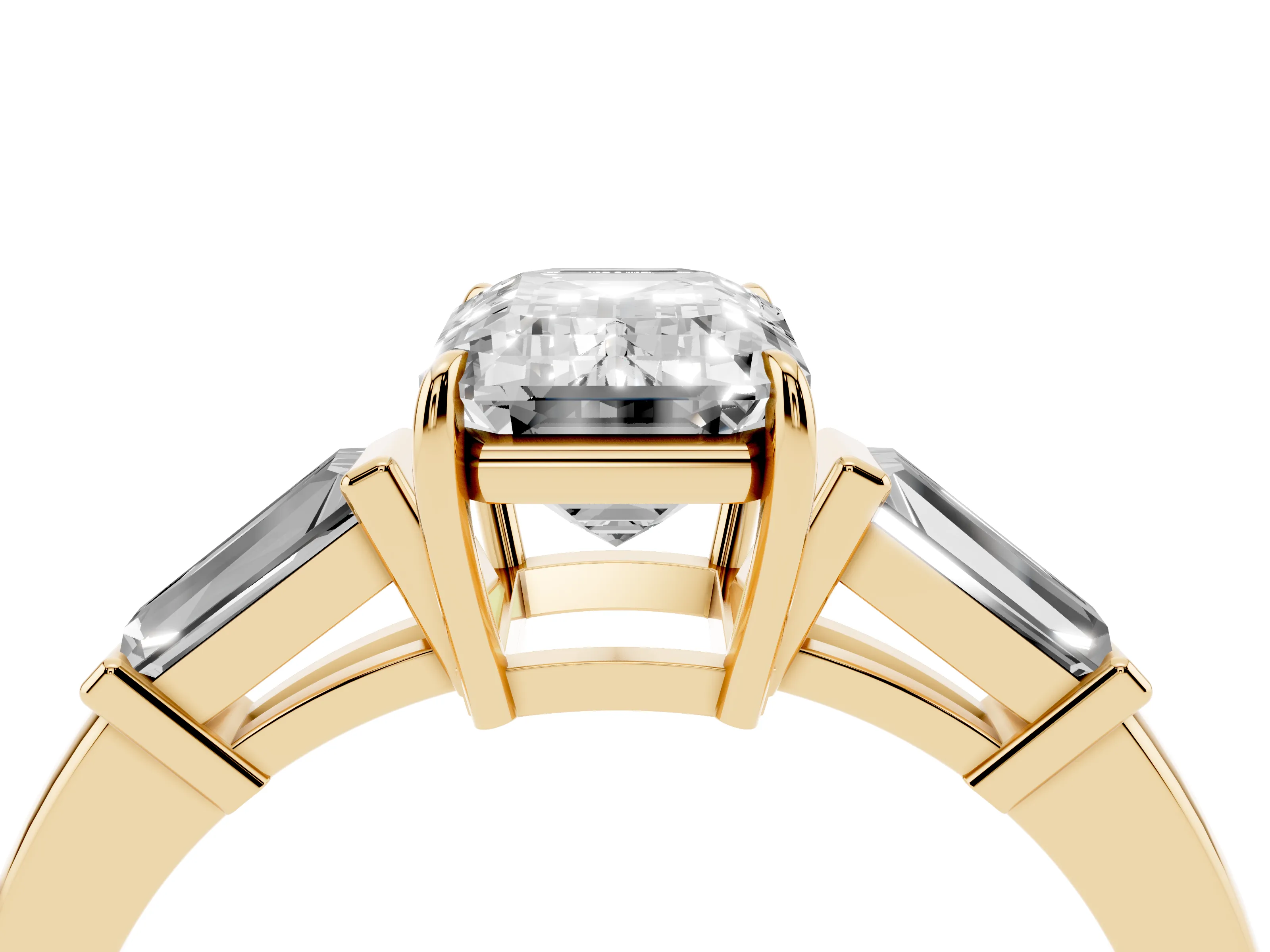 Emerald Cut Diamond Three-Stone Ring Set in Yellow gold with Tapered Baguette Side Stones and Prong Setting