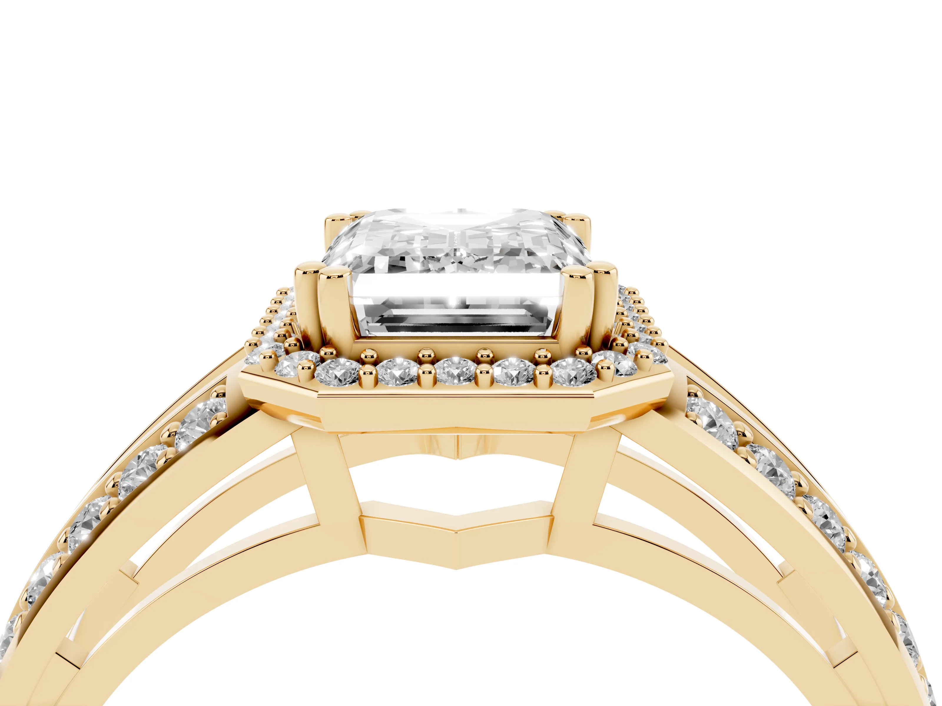 Emerald Cut Diamond Halo Ring Set in Yellow gold with Double Pavé Split Shank