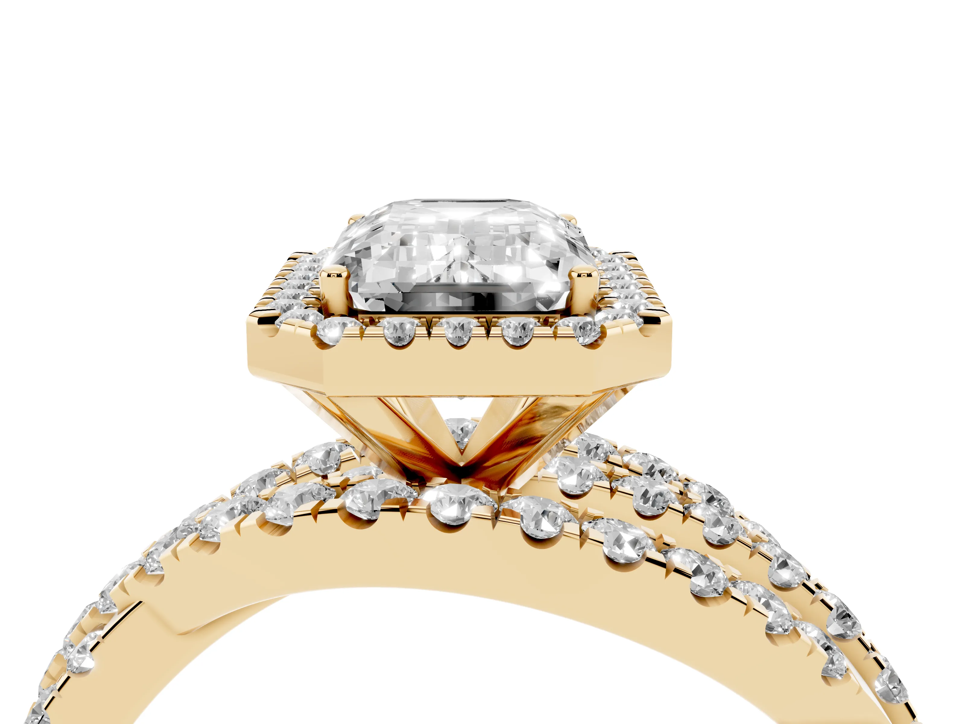 Emerald Cut Diamond Halo Ring Set in Yellow gold with Round Crossover Split Shank and Prong Setting
