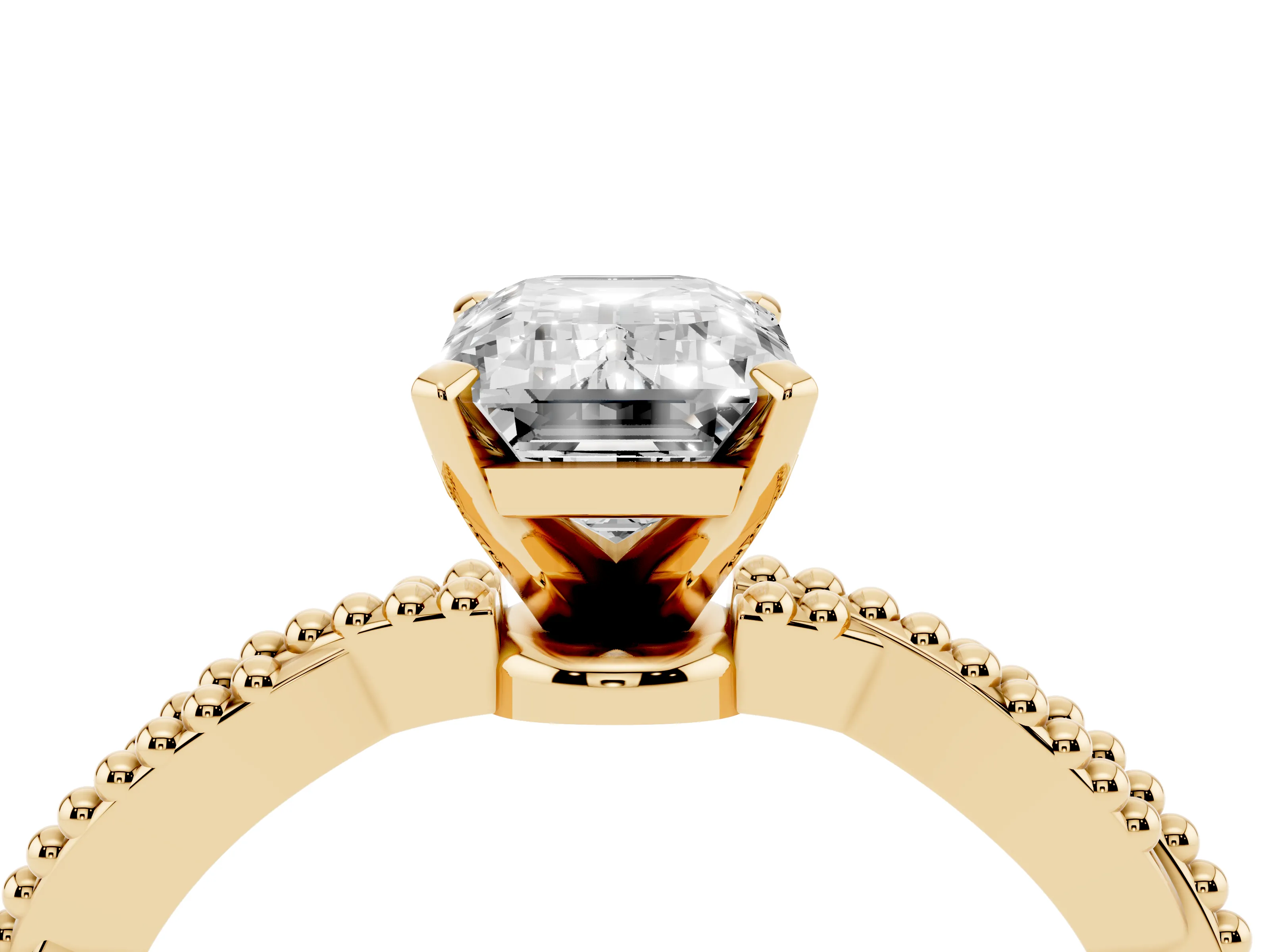 Emerald Cut Diamond Solitaire Ring Set in Yellow gold with Twisted Band and Bead Prong Setting