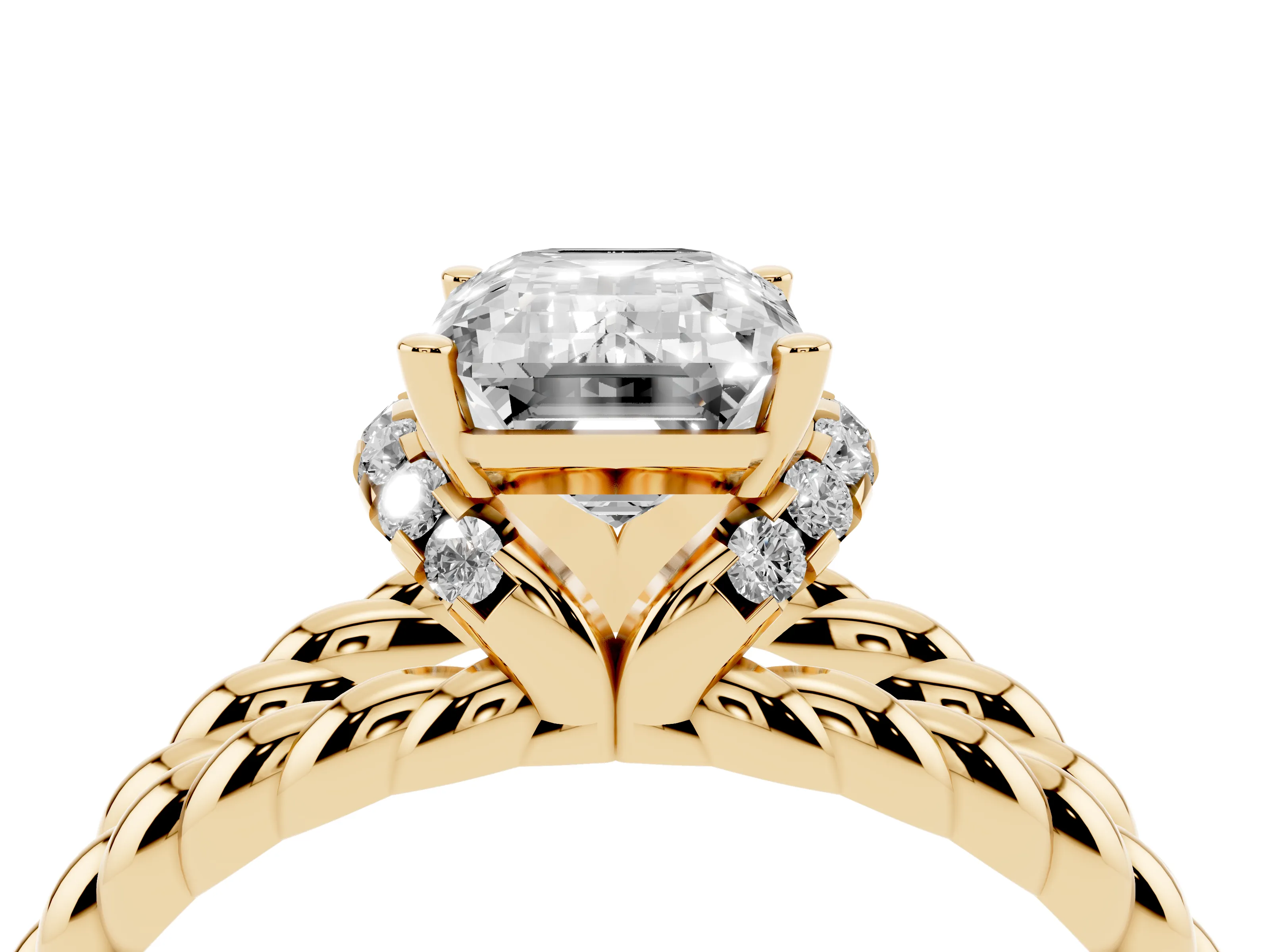 Emerald Cut Diamond Halo Ring Set in Yellow gold with Twisted Band and Prong Setting