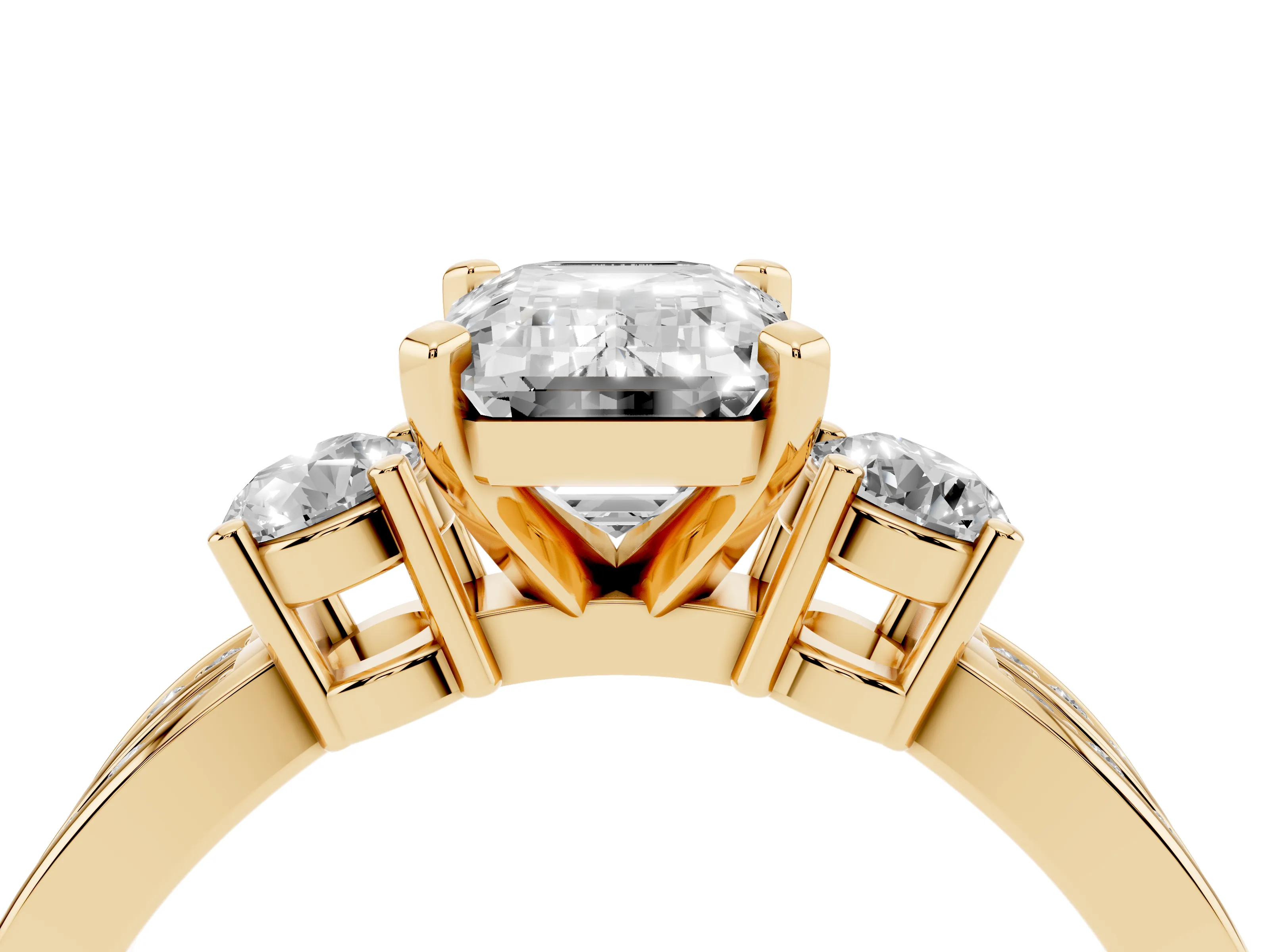 Three-Stone Emerald Cut Diamond Twist Band Ring Set in Yellow gold with Pavé Accents and Prong Setting