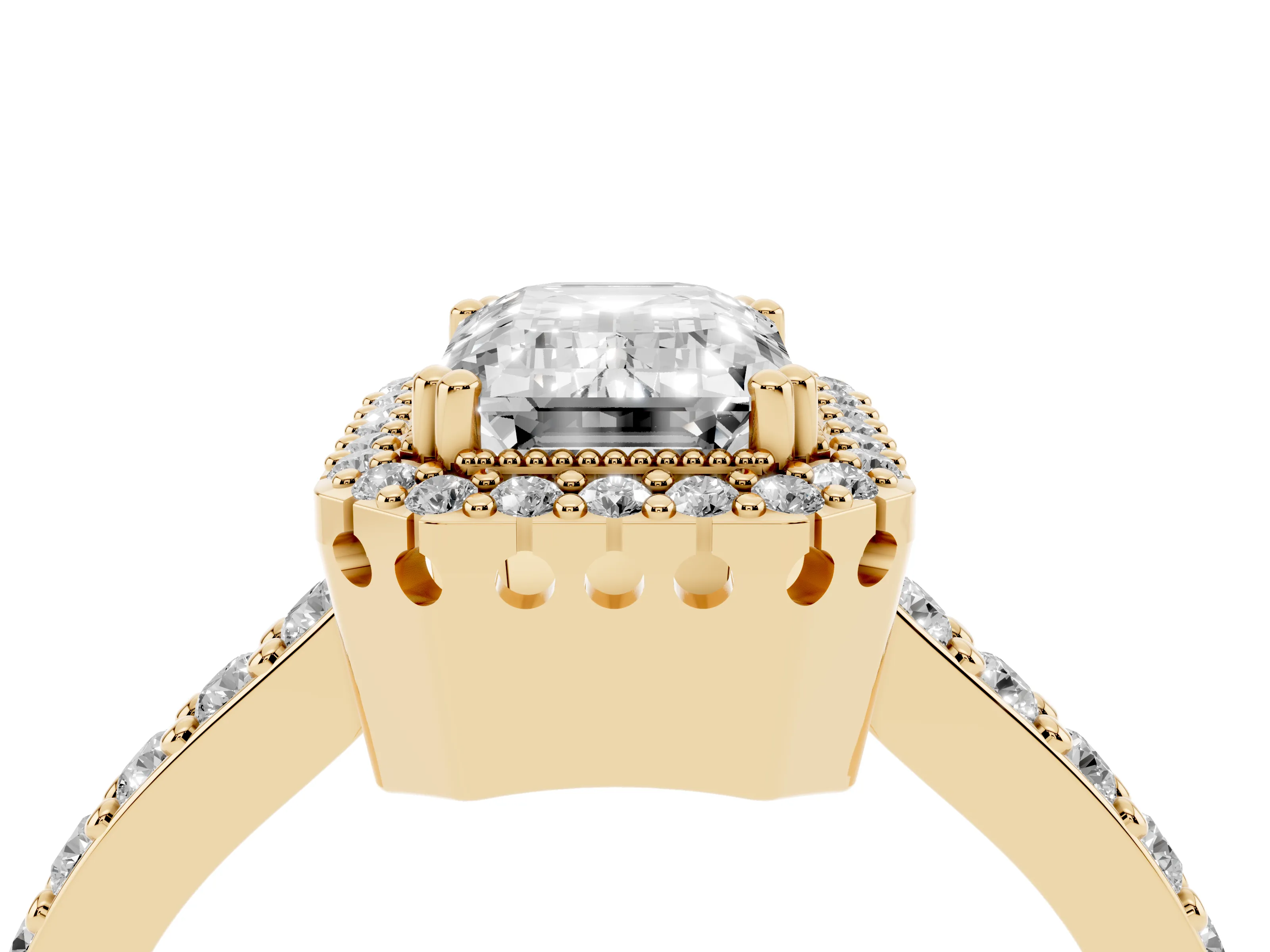 Emerald Cut Diamond Halo Engagement Ring Set in Yellow gold with Milgrain Detail and Pavé Band