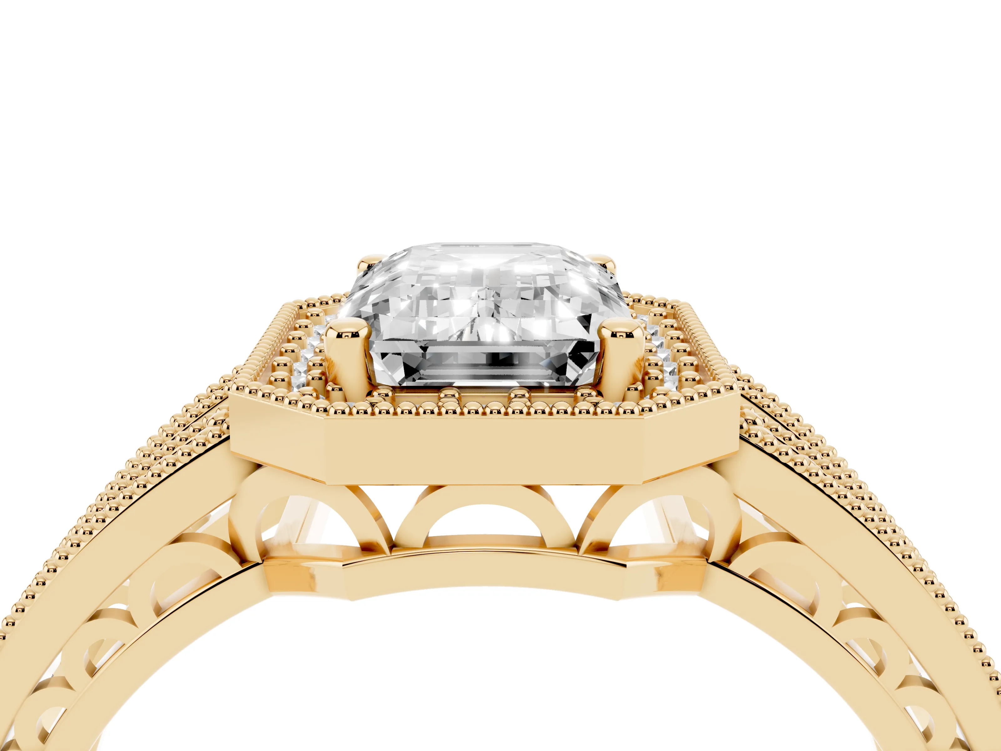 Emerald Cut Diamond Halo Ring Set in Yellow gold with Accent Split Shank and Prong Setting
