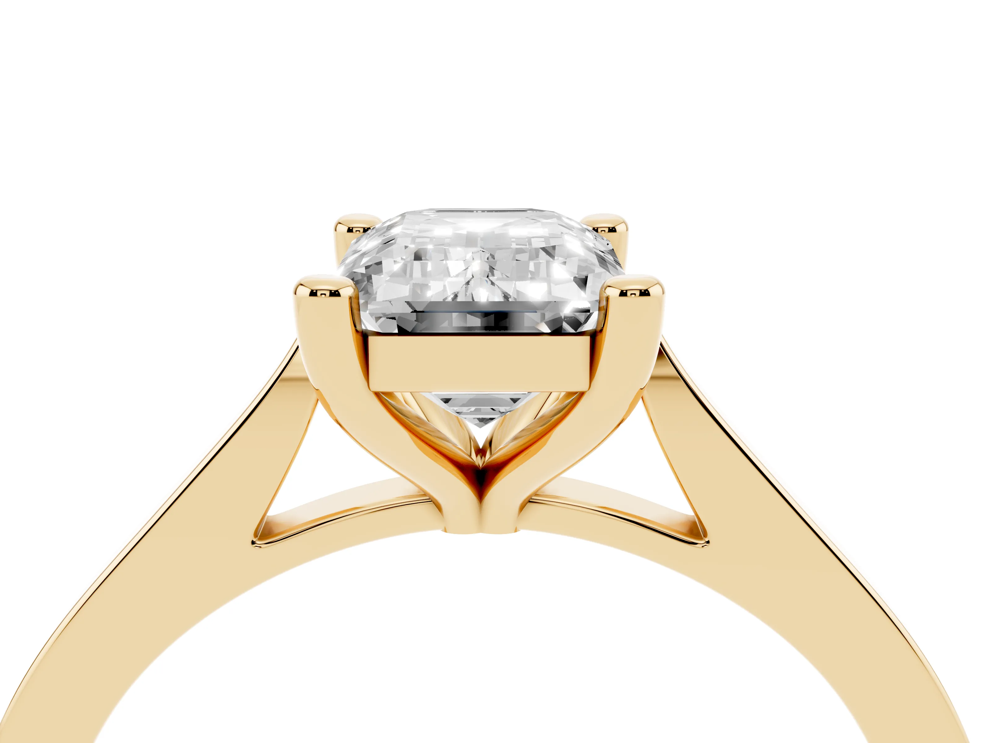 Emerald Cut Diamond Solitaire Ring Set in Yellow gold with Prong Setting and Tapered Band