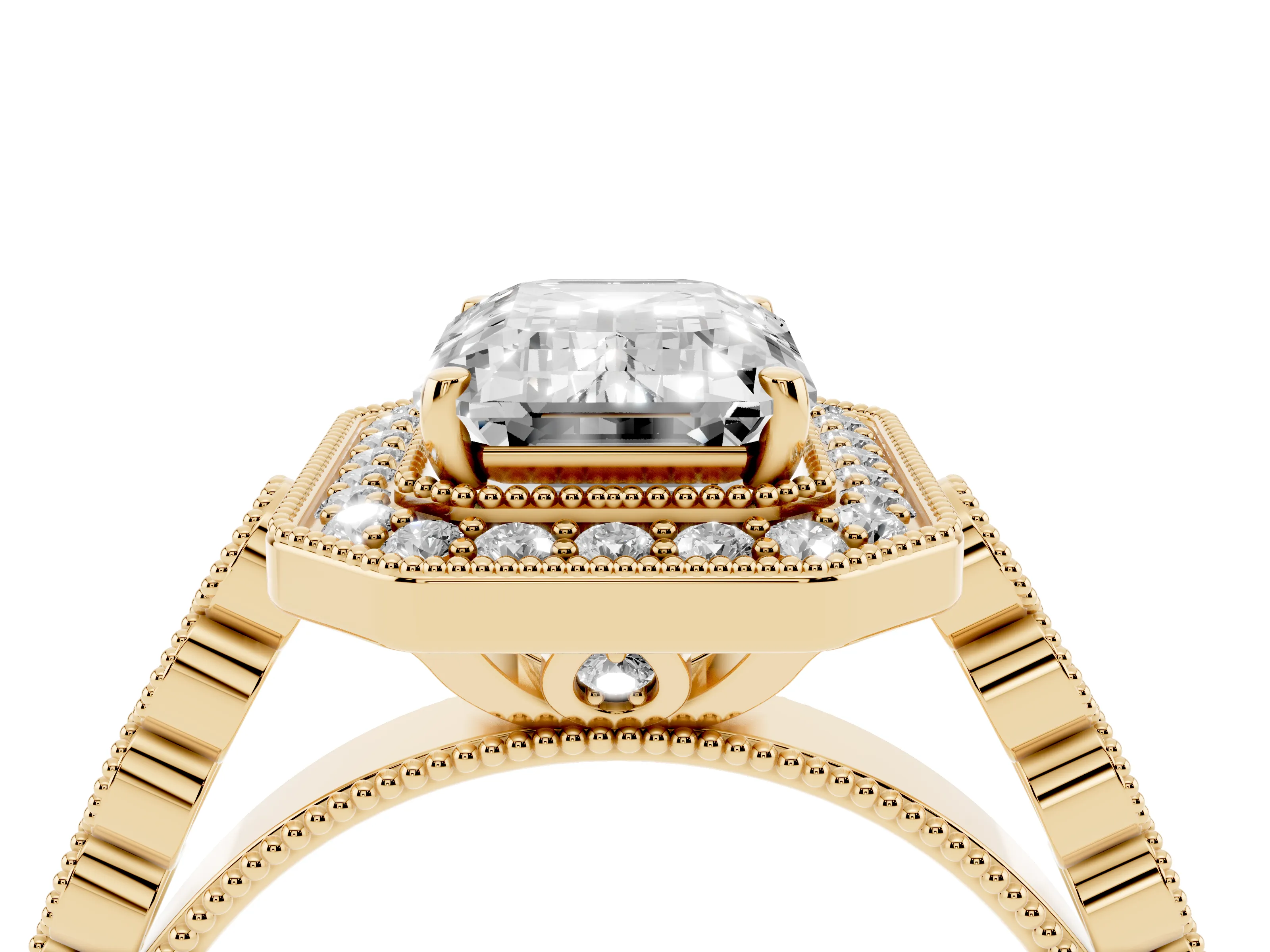 Emerald Cut Diamond Milgrain Halo Solitaire Ring Set in Yellow gold with Bezel Set Side Stones and Pavé Band