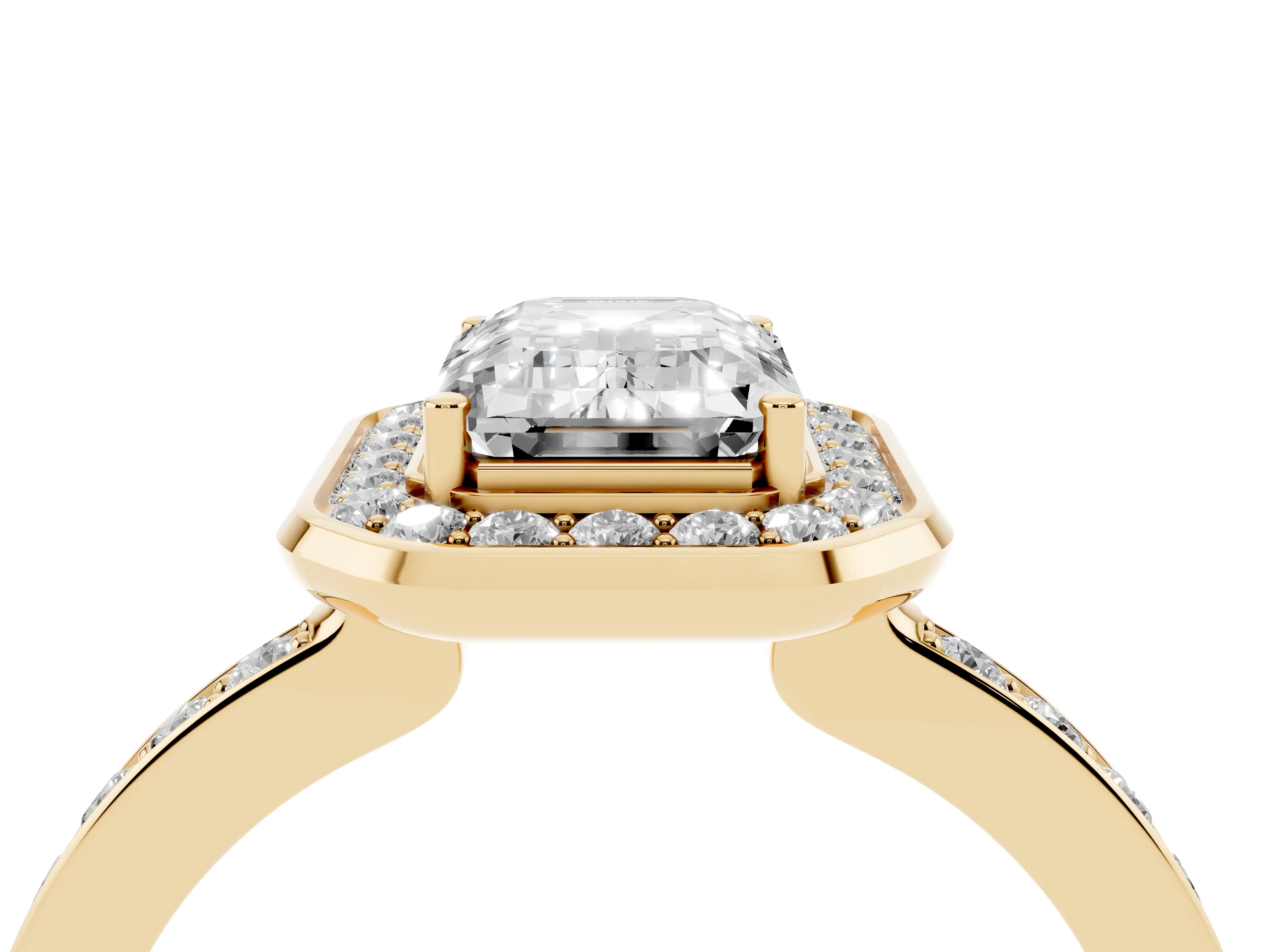 Emerald Cut Diamond Halo Ring Set in Yellow gold with Bezel Frame and Pavé Band