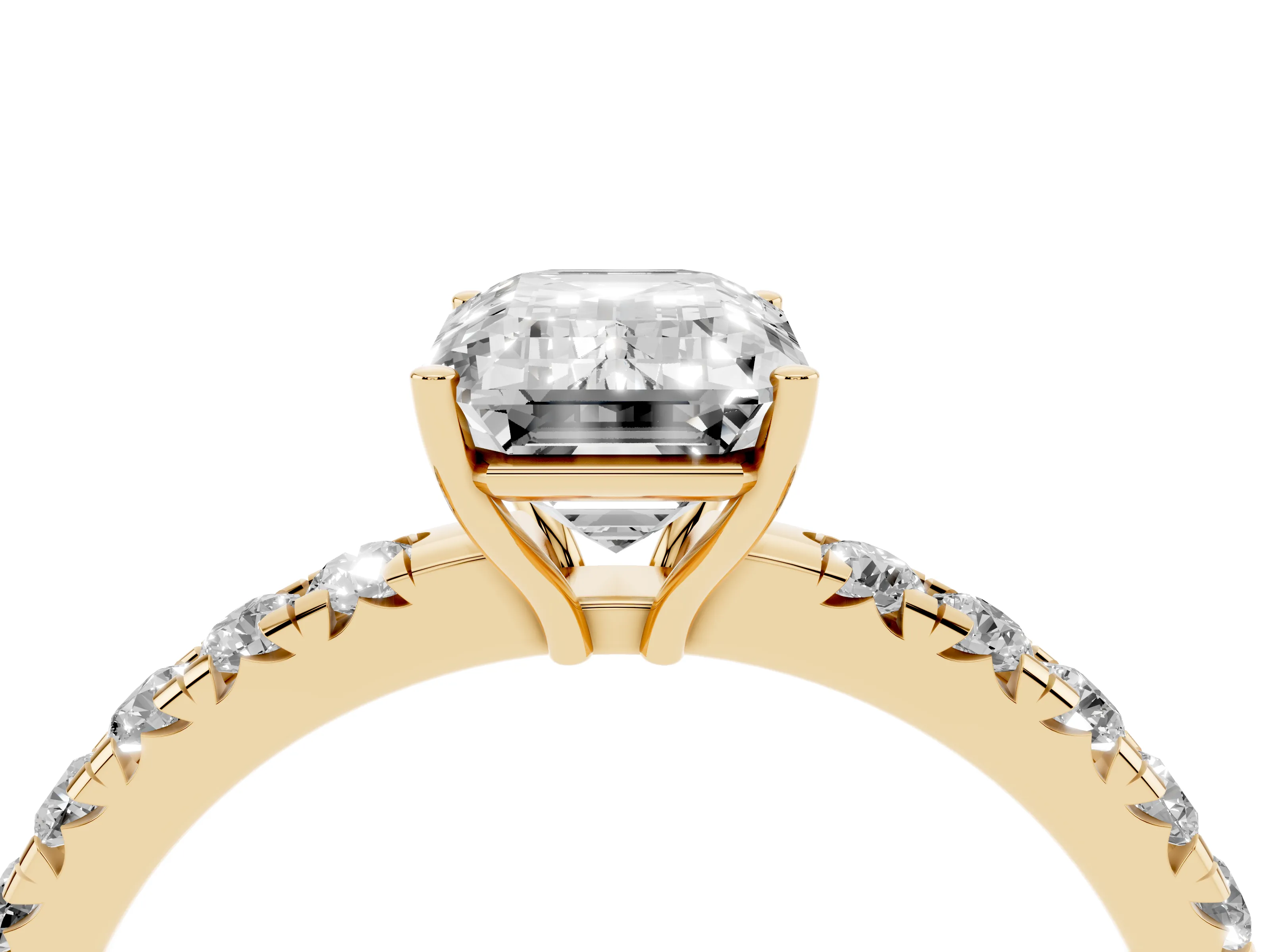 Emerald Cut Diamond Pavé Solitaire Engagement Ring Set in Yellow gold with Prong Setting