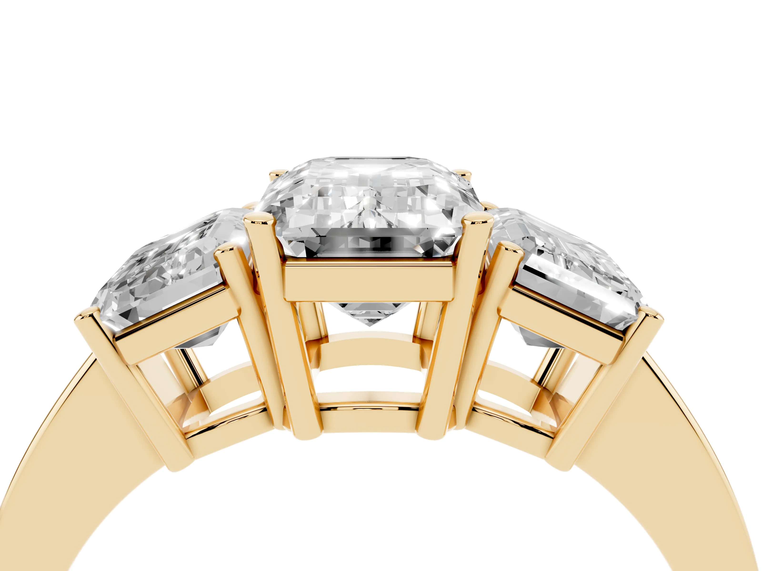 Emerald Cut Diamond Three-Stone Engagement Ring Set in Yellow gold with Flat Band