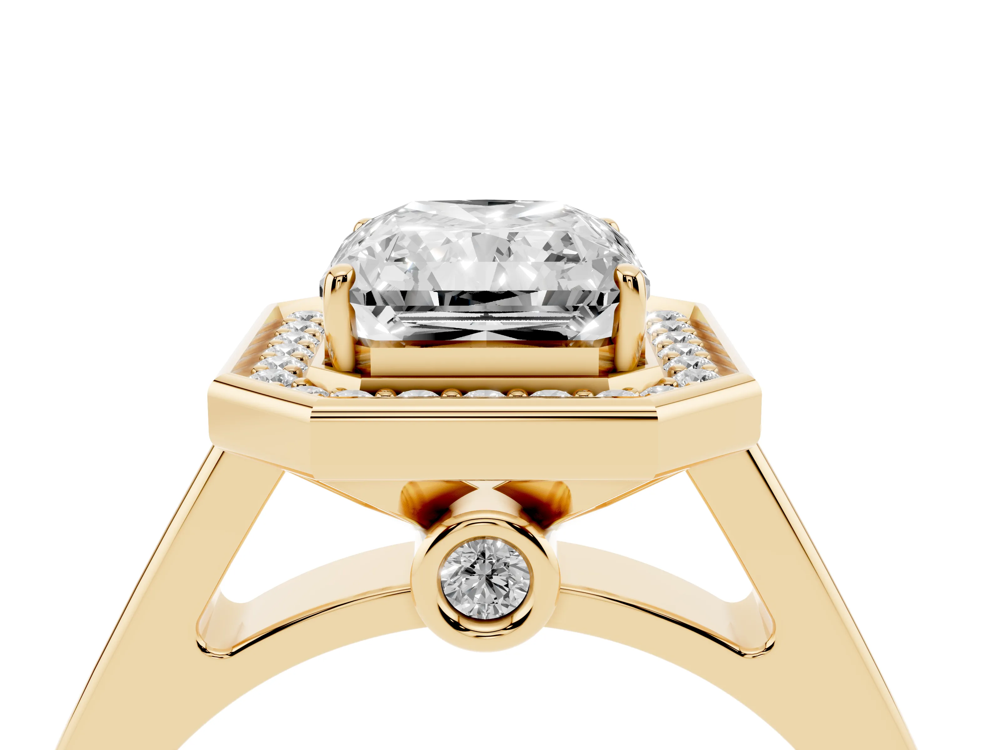Emerald Cut Diamond Halo Solitaire Ring Set in Yellow gold with Pavé Band and Bezel Setting