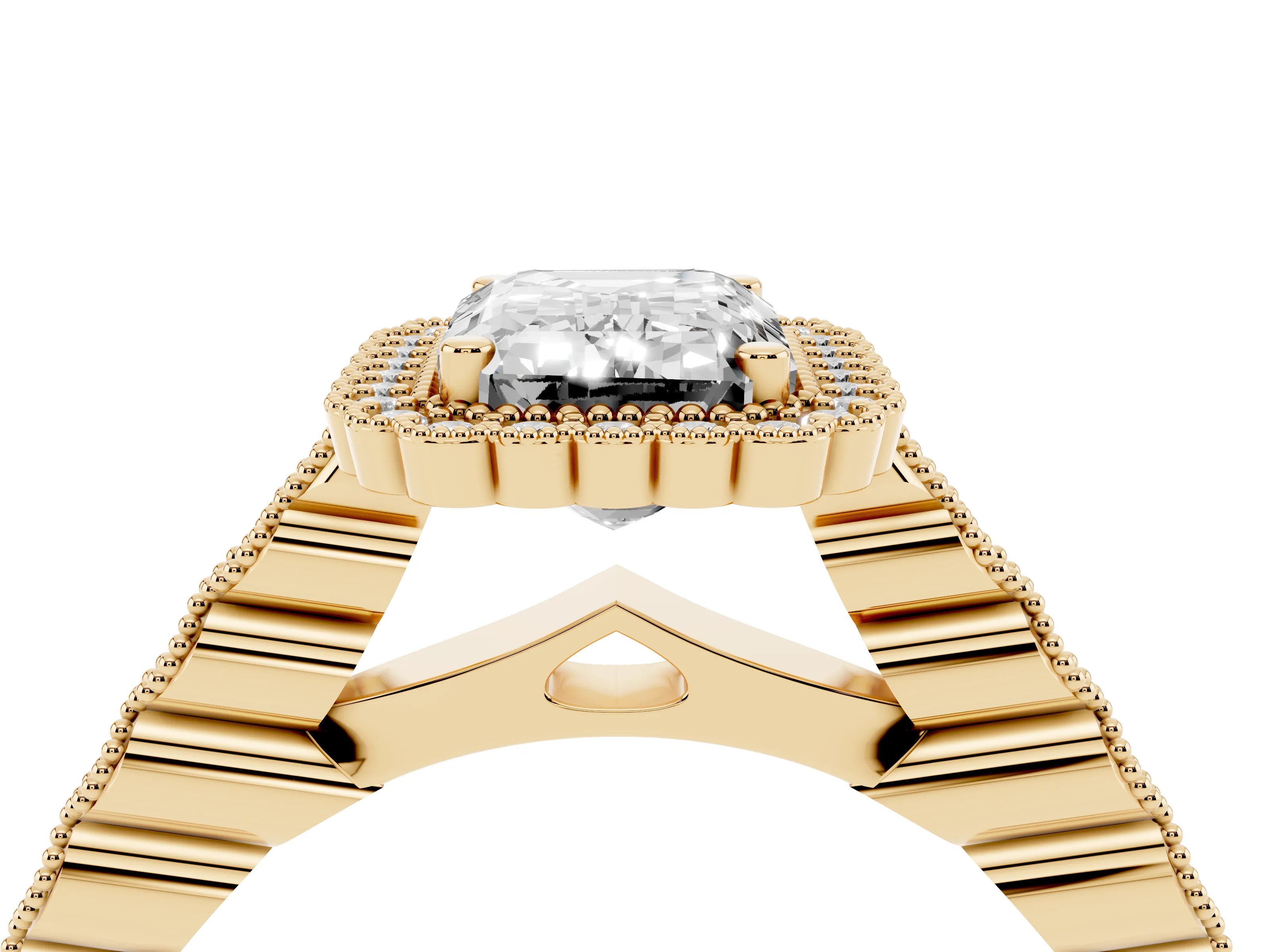 Emerald Cut Diamond Halo Ring Set in Yellow gold with Pavé Milgrain Band