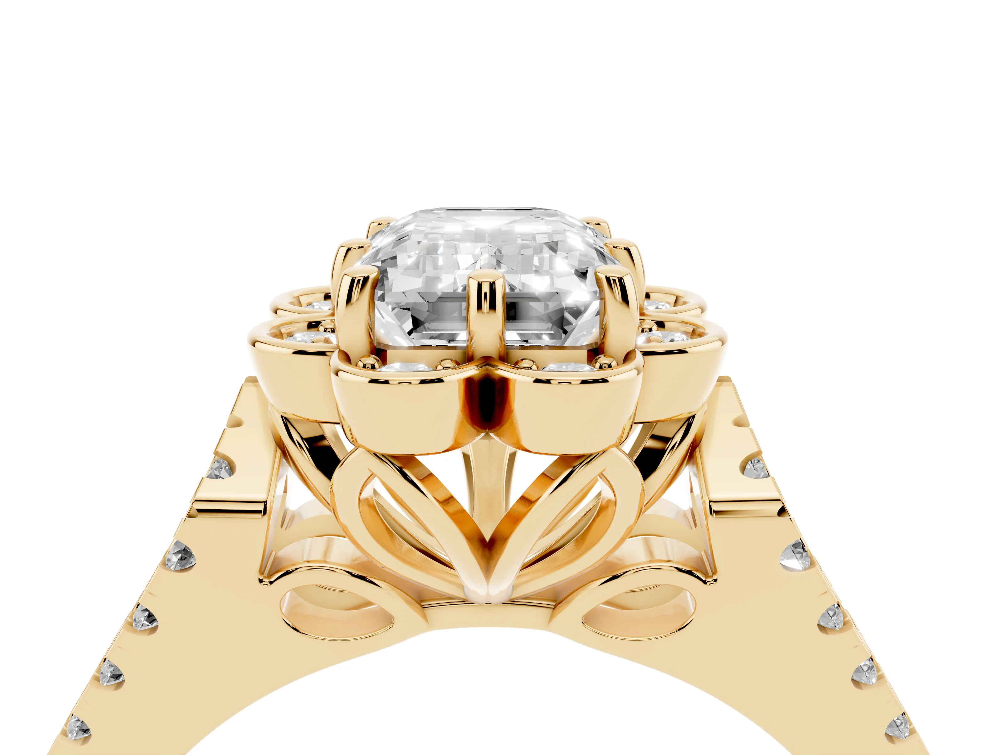 Emerald Cut Diamond Floral Halo Split Shank Engagement Ring Set in Yellow gold with Pavé Shank