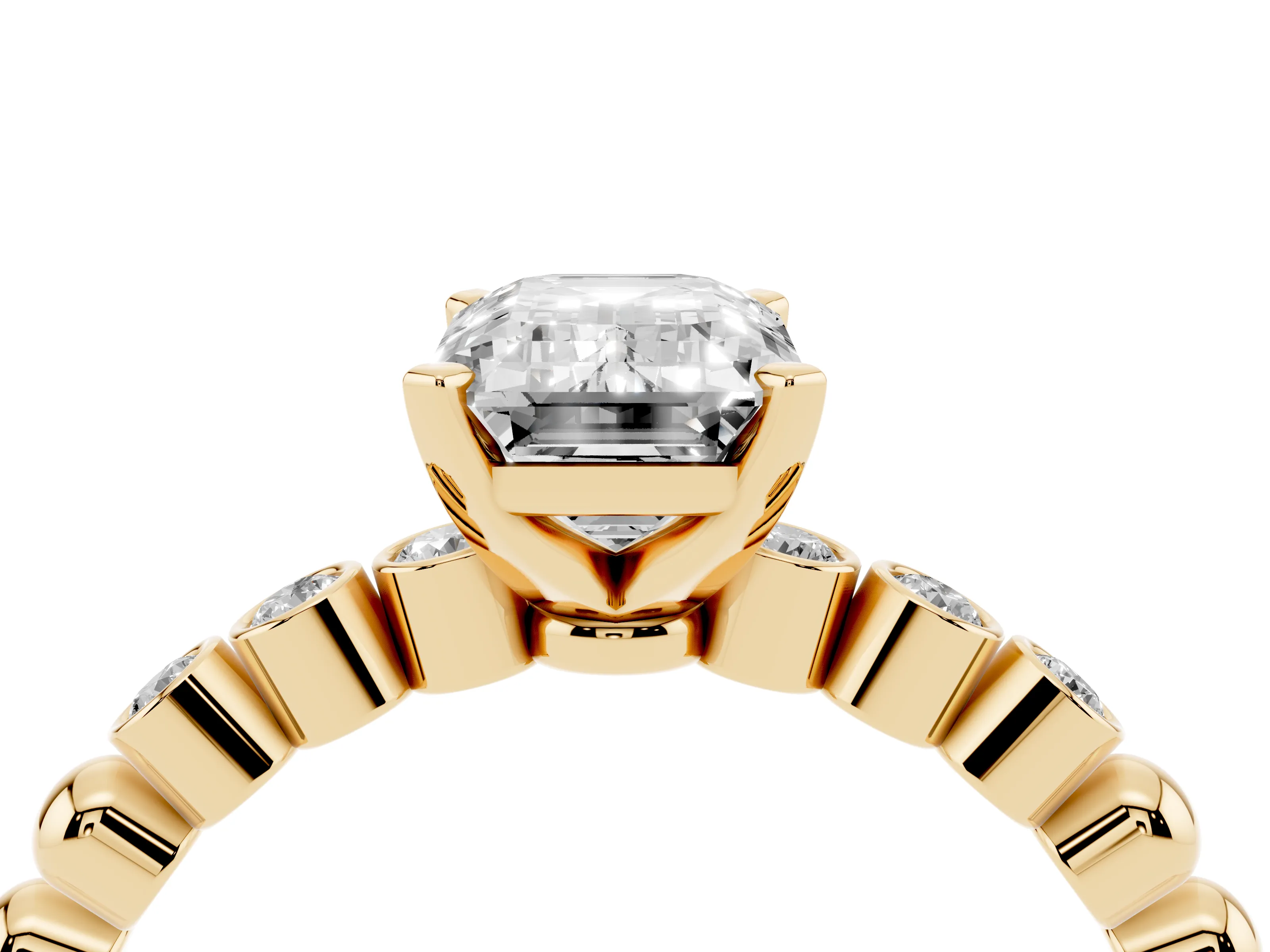 Emerald Cut Diamond Solitaire Engagement Ring Set in Yellow gold with Bezel Accents on Beaded Band