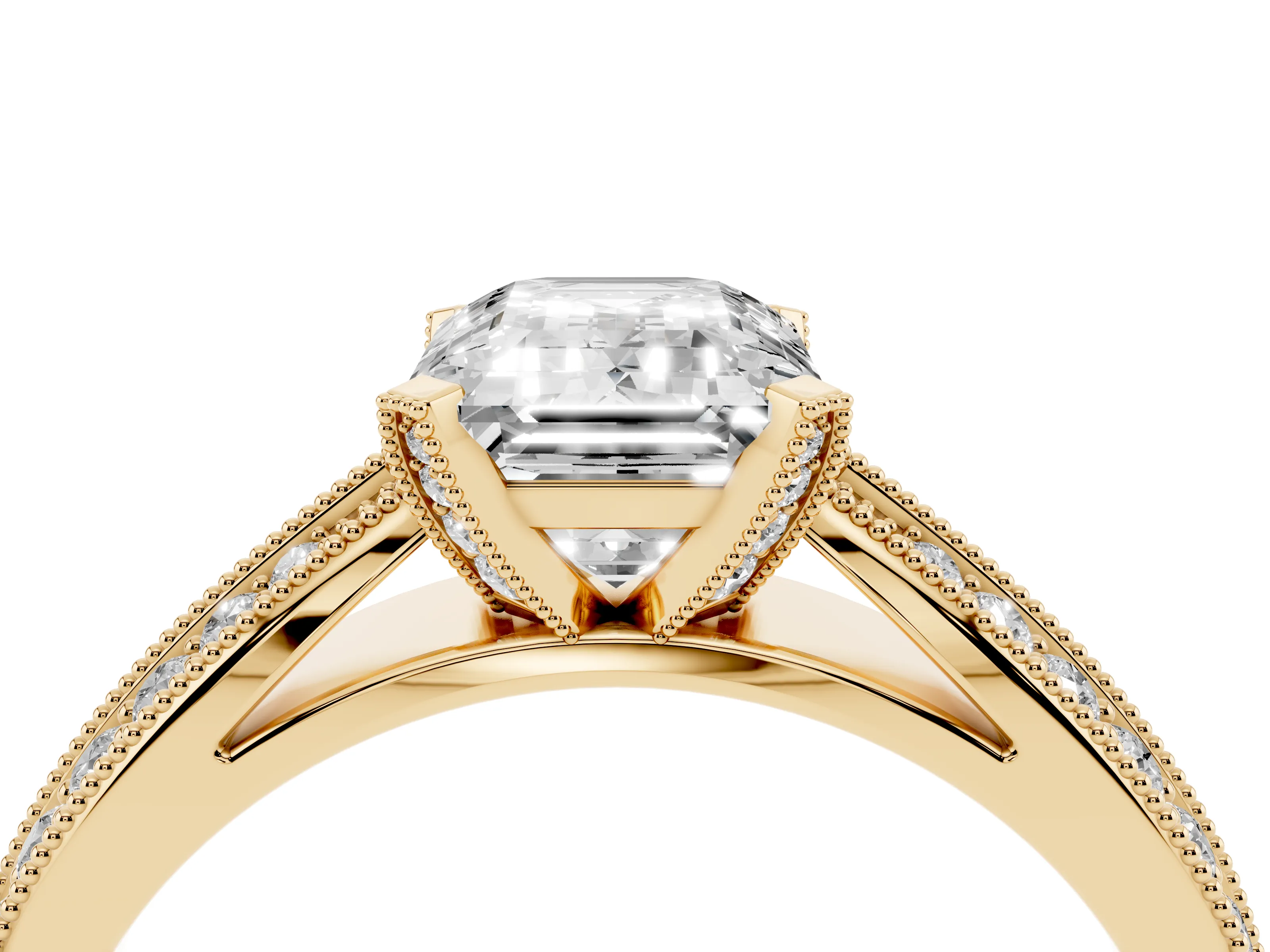 Emerald Cut Diamond Solitaire Ring Set in Yellow gold with Milgrain Double Row Round Pavé Band