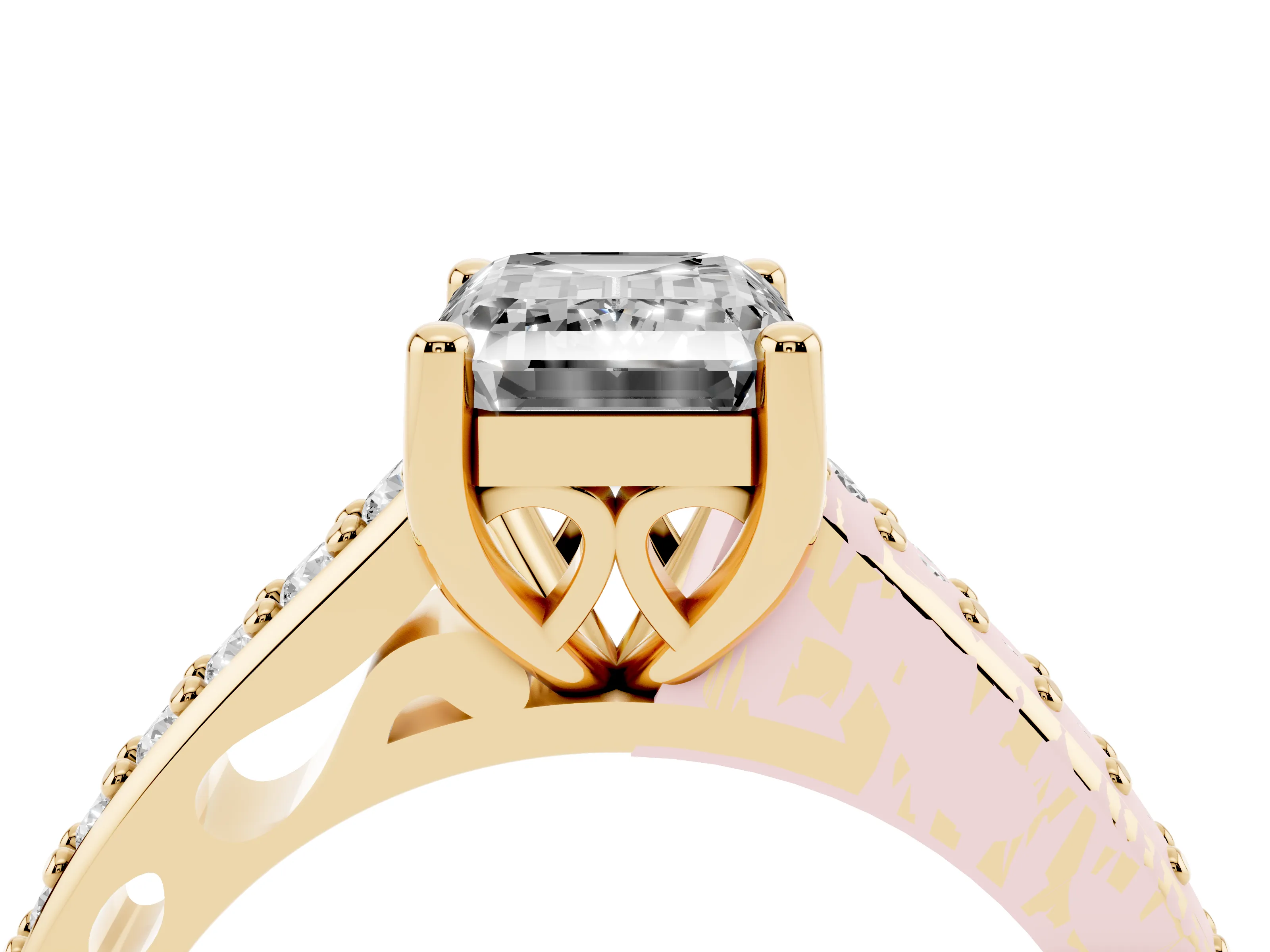 Emerald Cut Diamond Prong Set Solitaire Engagement Ring Set in Yellow gold with Pavé Band