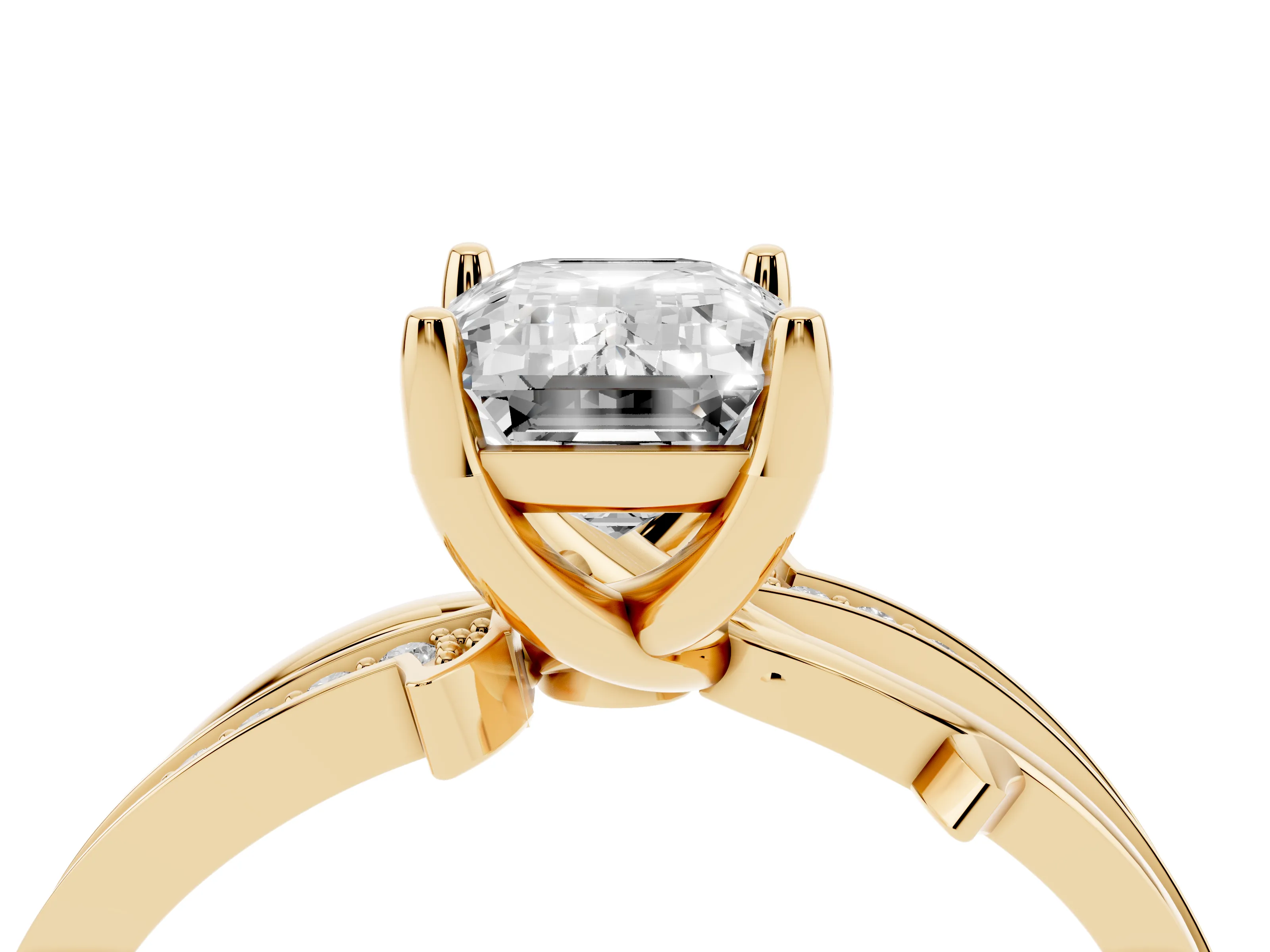 Emerald Cut Diamond Pavé Twist Band Solitaire Ring Set in Yellow gold with Prong Setting