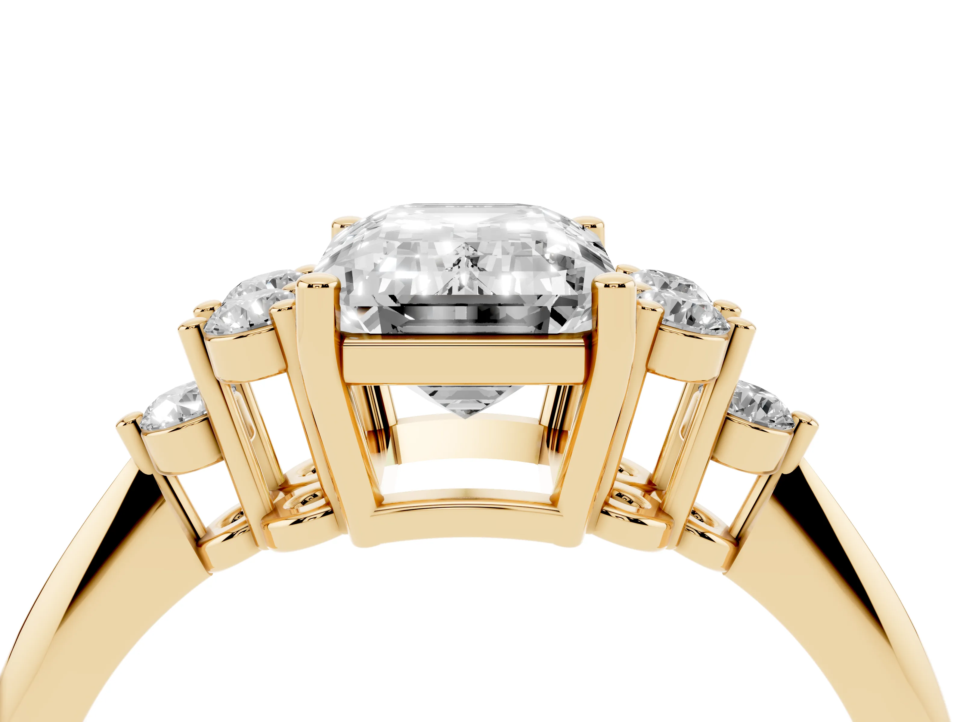 Emerald Cut Diamond Cluster Ring Set in Yellow gold with Plain Band and Prong Setting