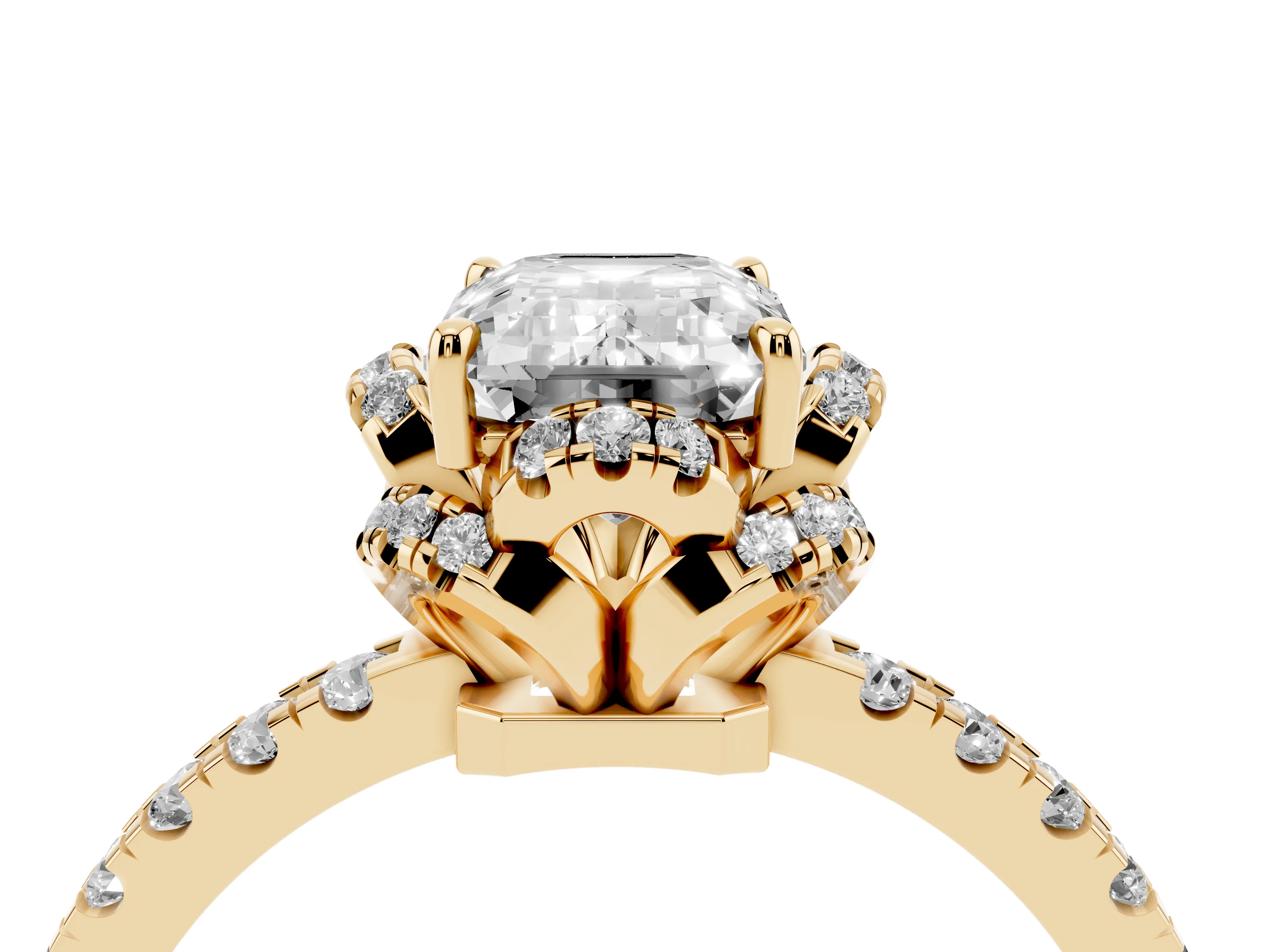 Emerald Cut Diamond Halo Pavé Band Ring Set in Yellow gold with Prong-Held Center