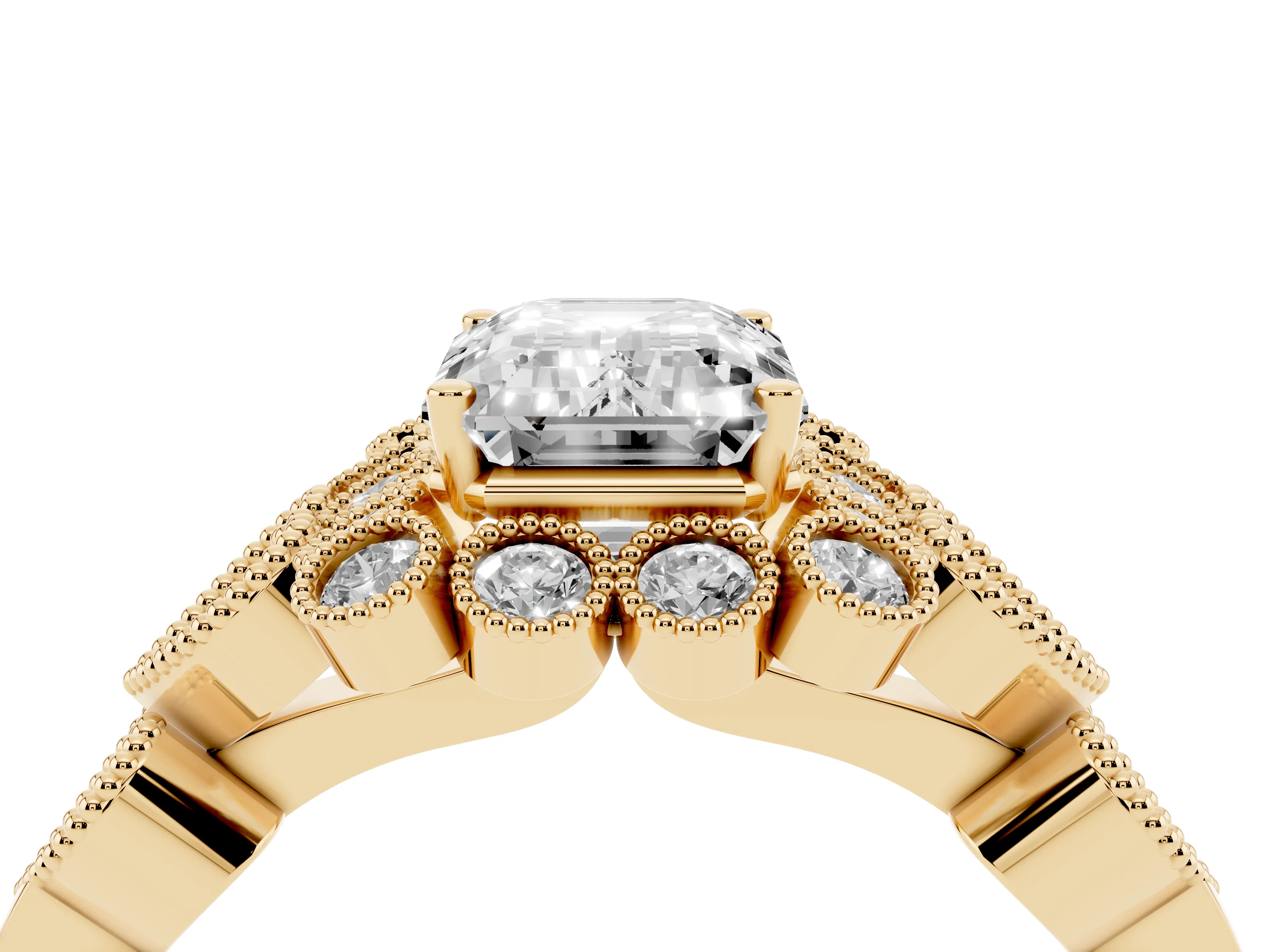 Emerald Cut Diamond Solitaire Ring Set in Yellow gold with Milgrain Pavé Heart Band