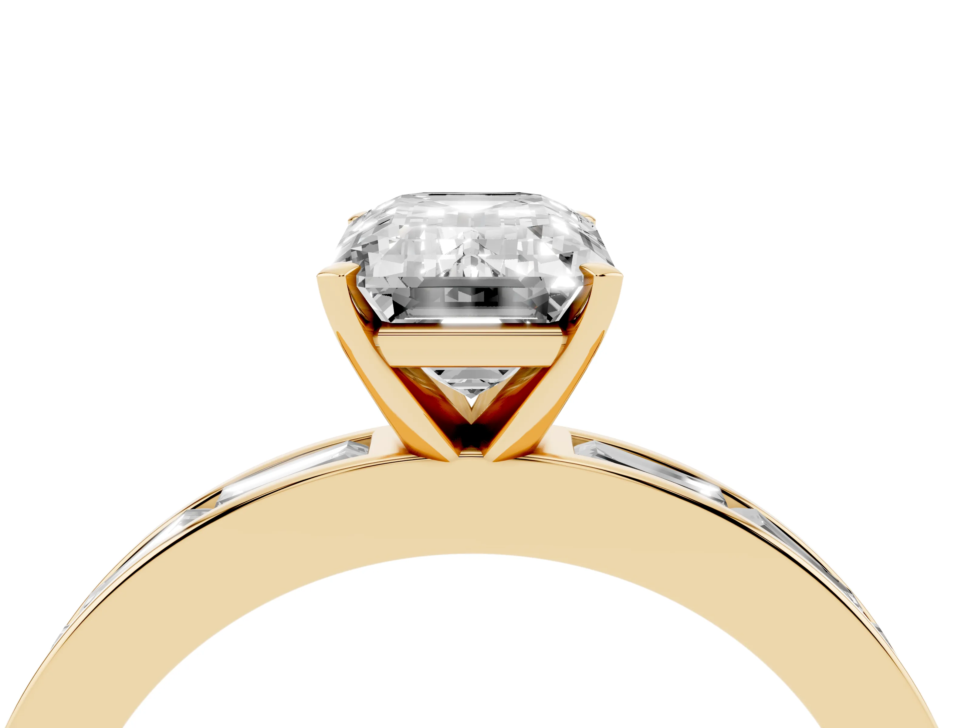 Emerald Cut Diamond Solitaire Ring Set in Yellow gold with Channel-Set Baguette Band and Prong Setting