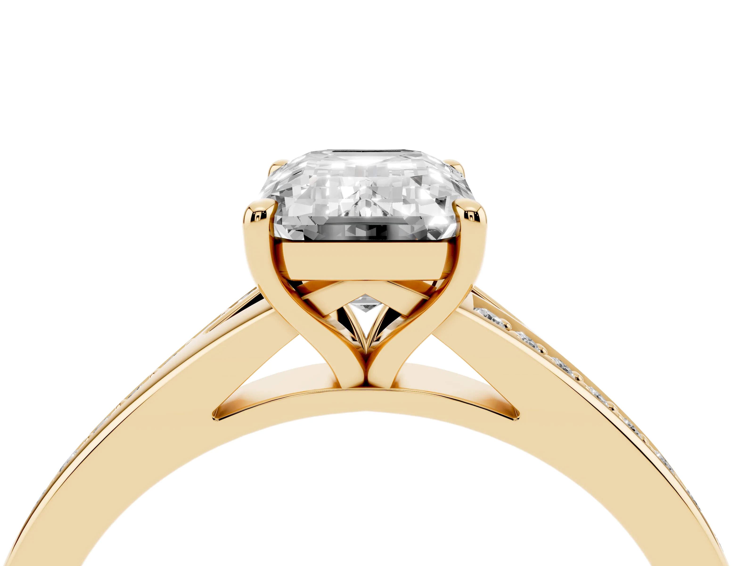 Emerald Cut Diamond Solitaire Ring Set in Yellow gold with Pavé Accent Band and Classic Prong Setting