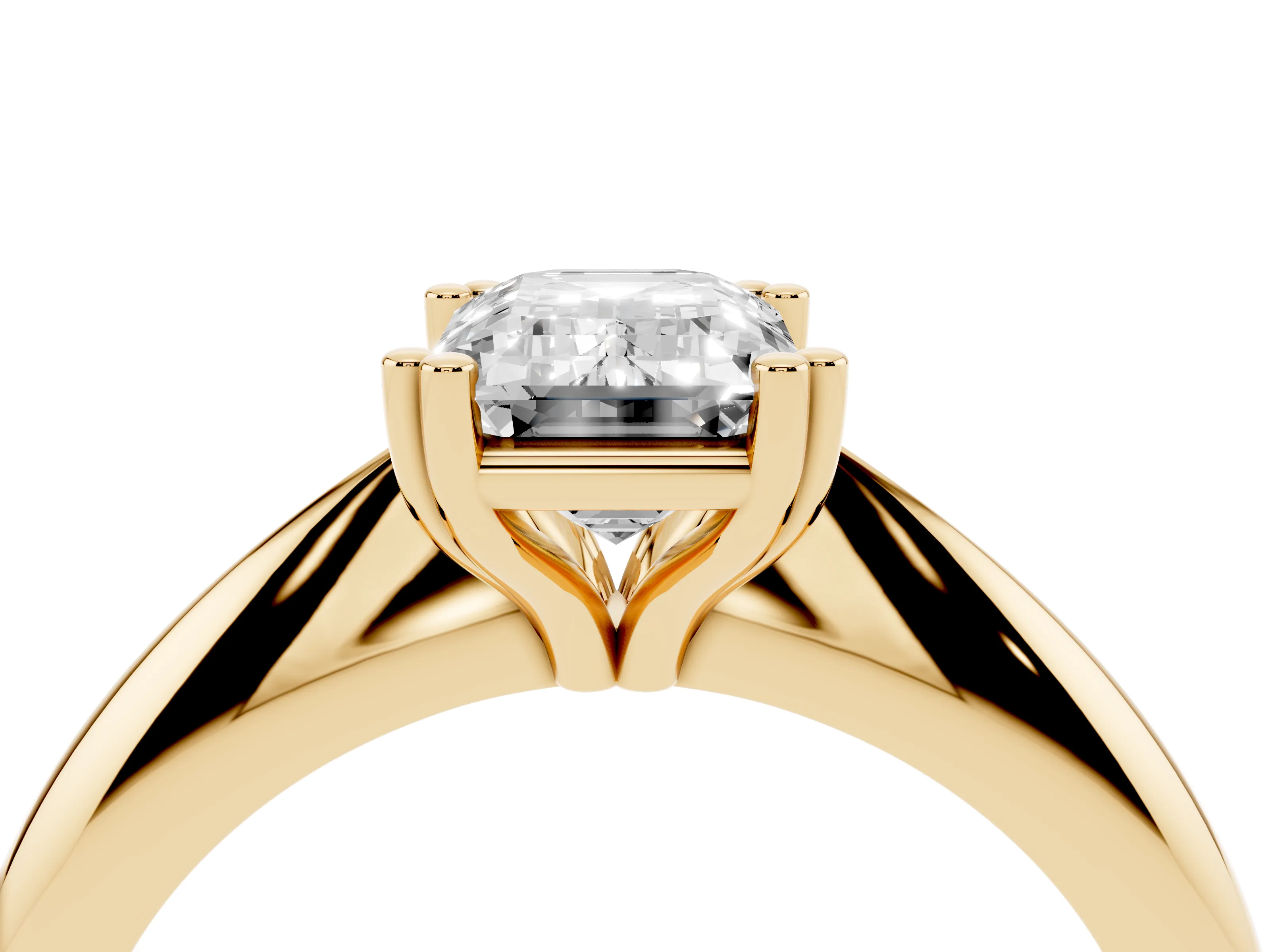 Emerald Cut Diamond Solitaire Engagement Ring Set in Yellow gold with Tapered Band and Prong Setting