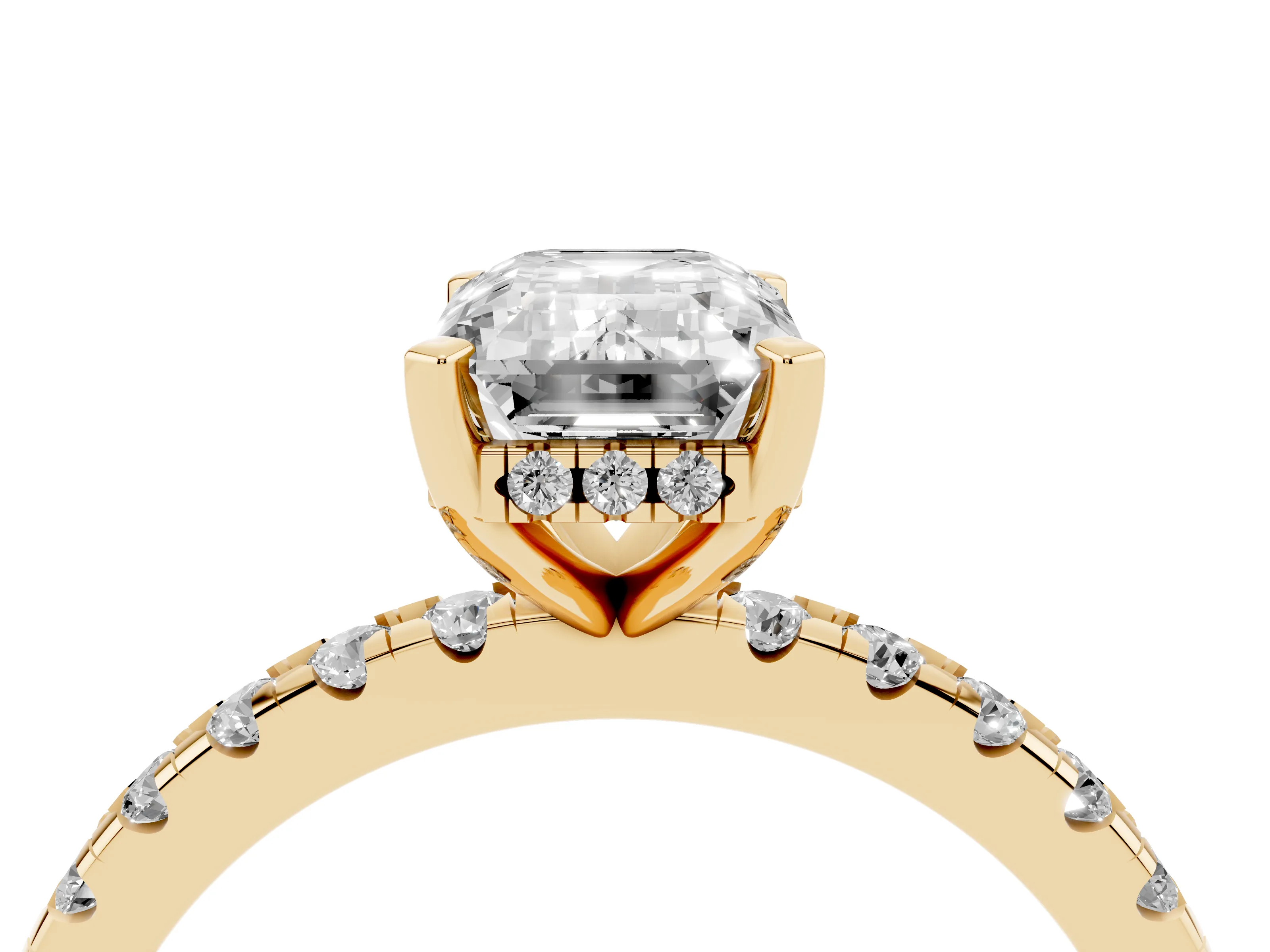 Emerald Cut Diamond Pavé Solitaire Ring Set in Yellow gold with Round Band Accents and Prong Setting
