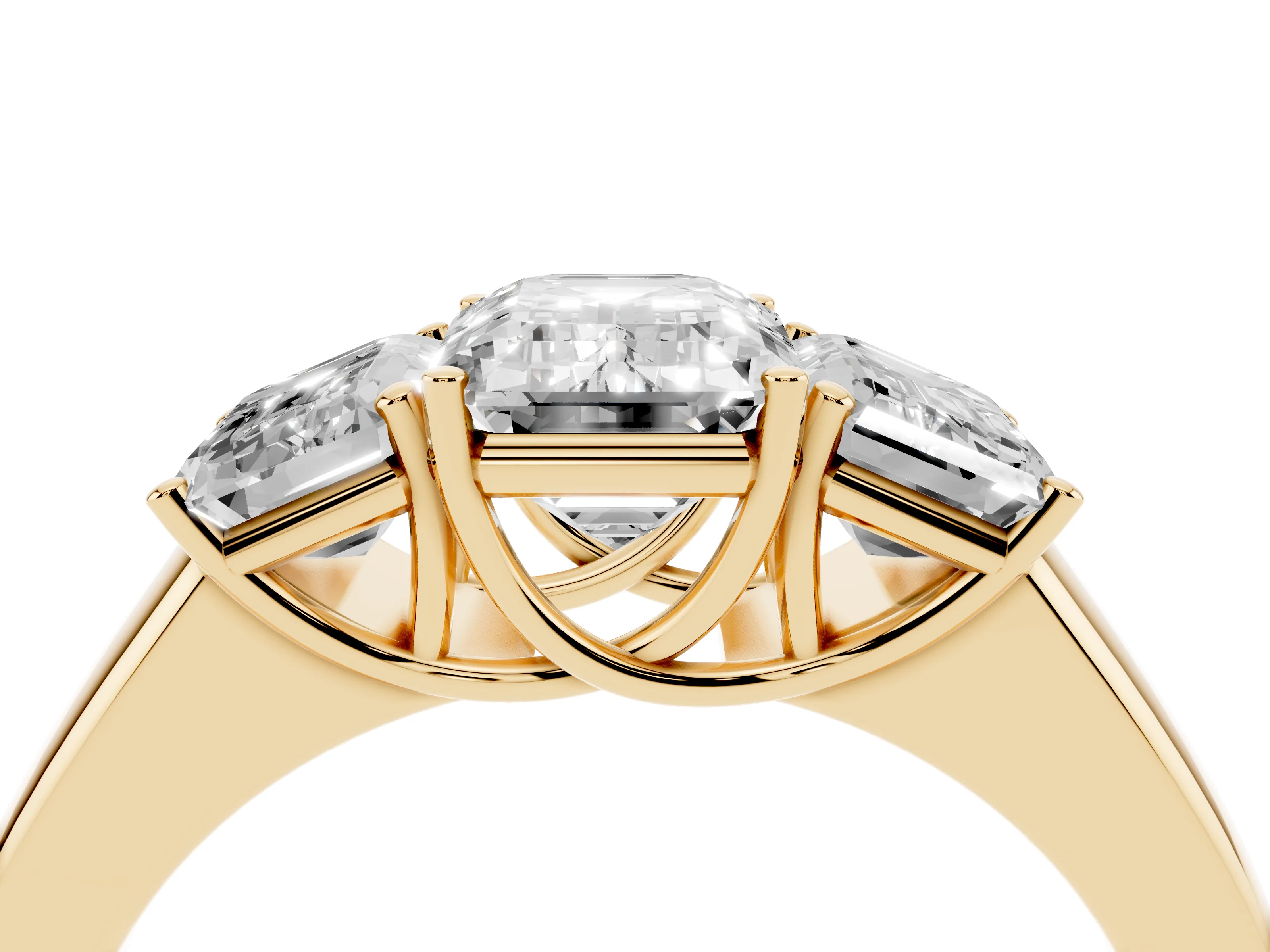 Three-Stone Emerald Cut Diamond Ring Set in Yellow gold with Matching Prong Settings and Plain Band