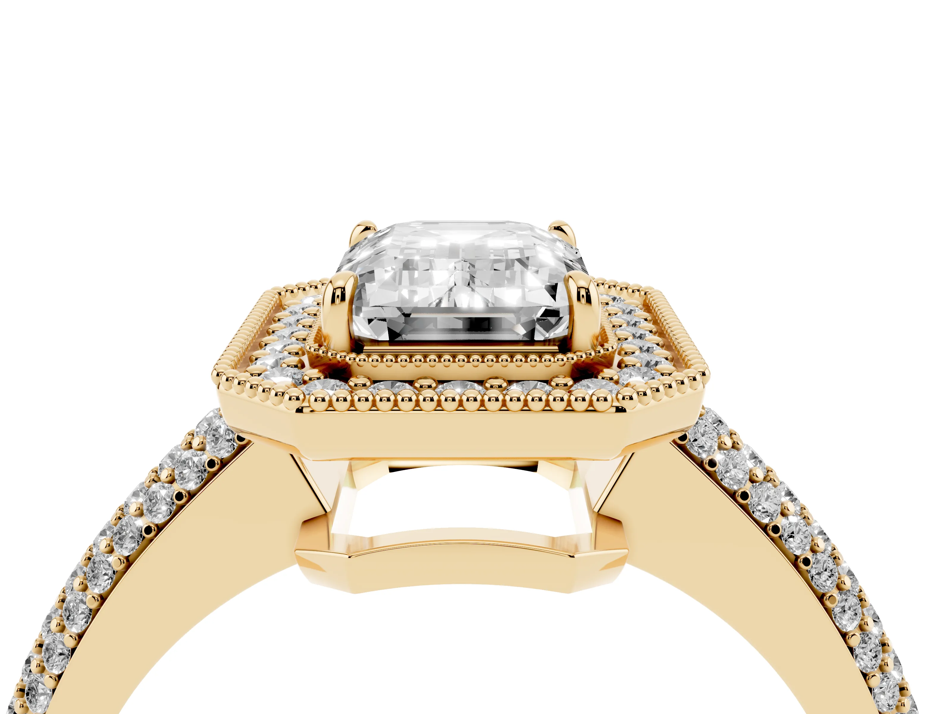 Emerald Cut Diamond Halo Pavé Band Set in Yellow gold with Prong Setting
