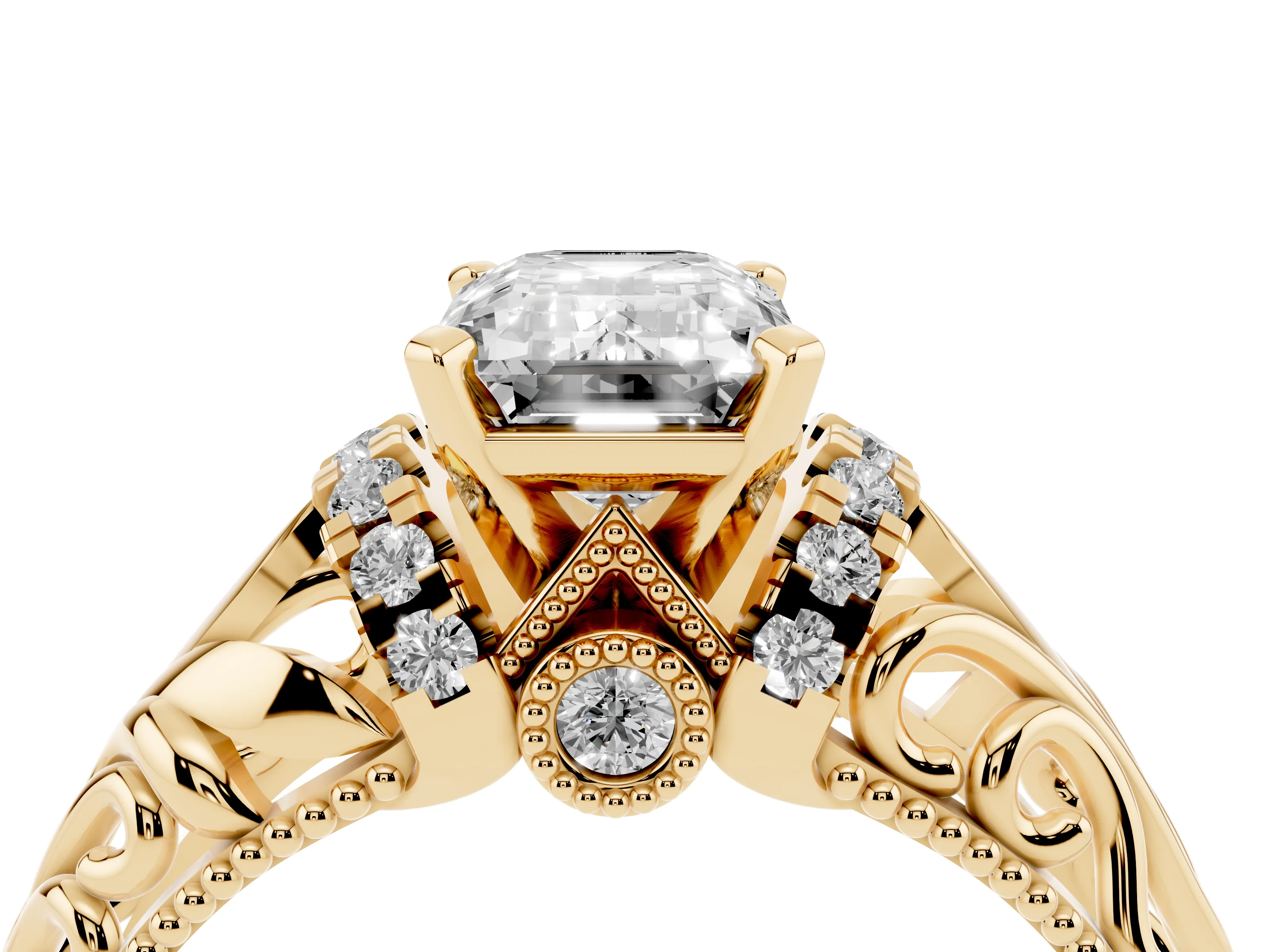 Emerald Cut Diamond Filigree Halo Engagement Ring Set in Yellow gold with Prong Setting