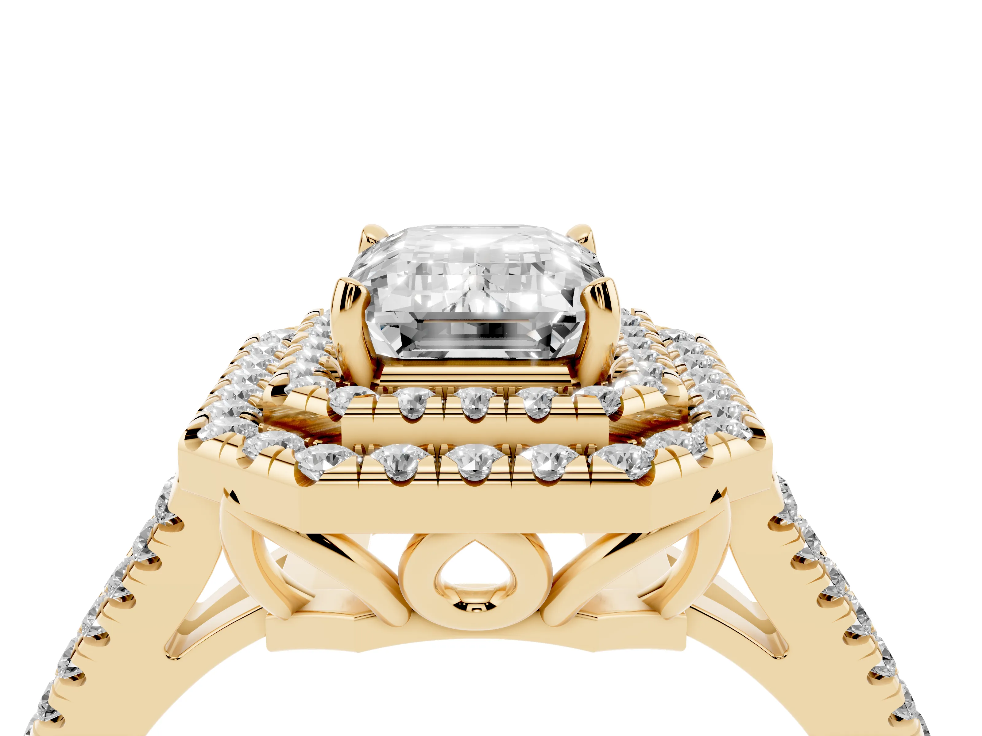 Emerald Cut Diamond Double Halo Ring Set in Yellow gold with Pavé Band