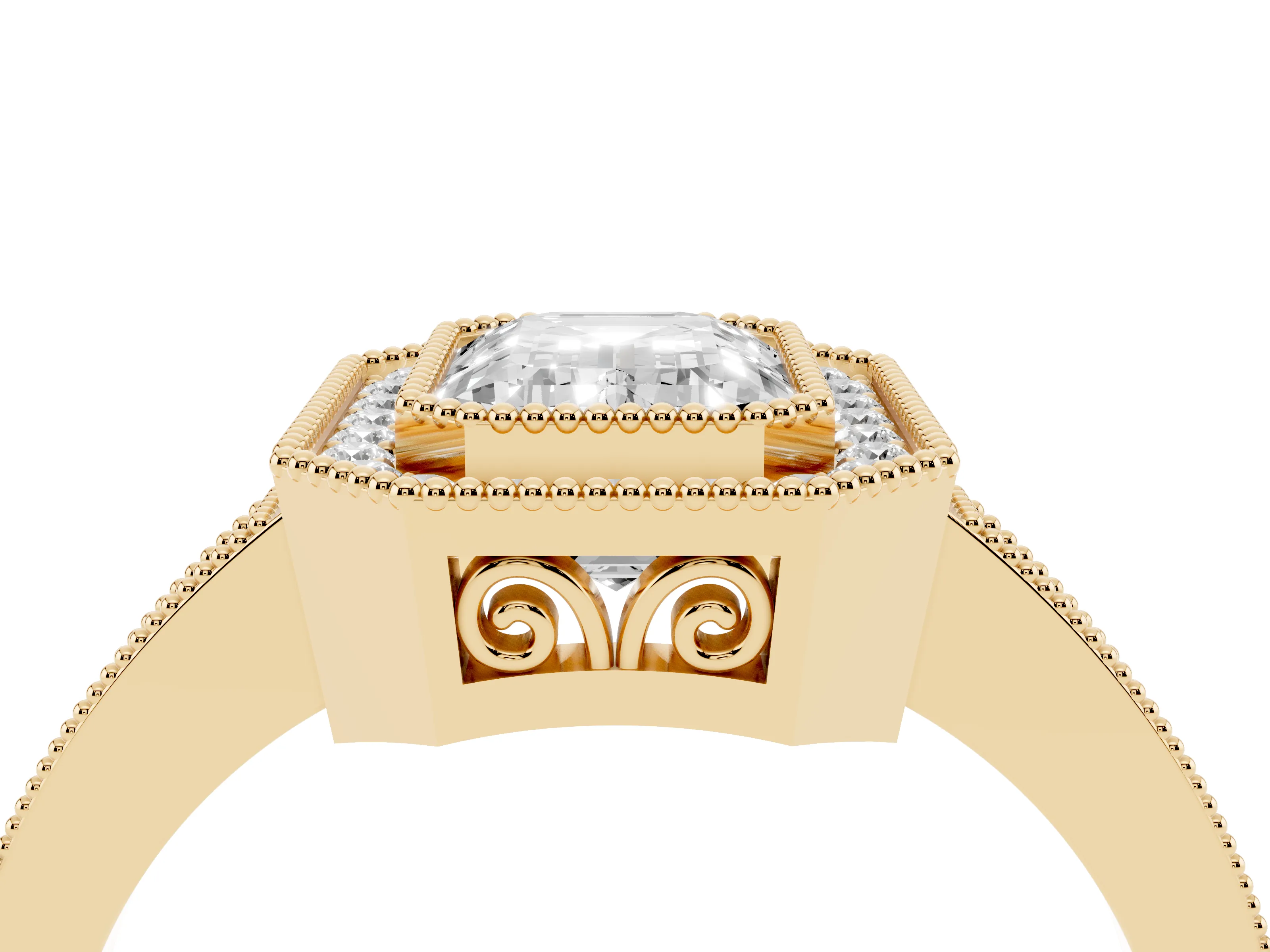 Emerald Cut Diamond Halo Ring Set in Yellow gold with Pavé Band and Milgrain-Edged Prongs