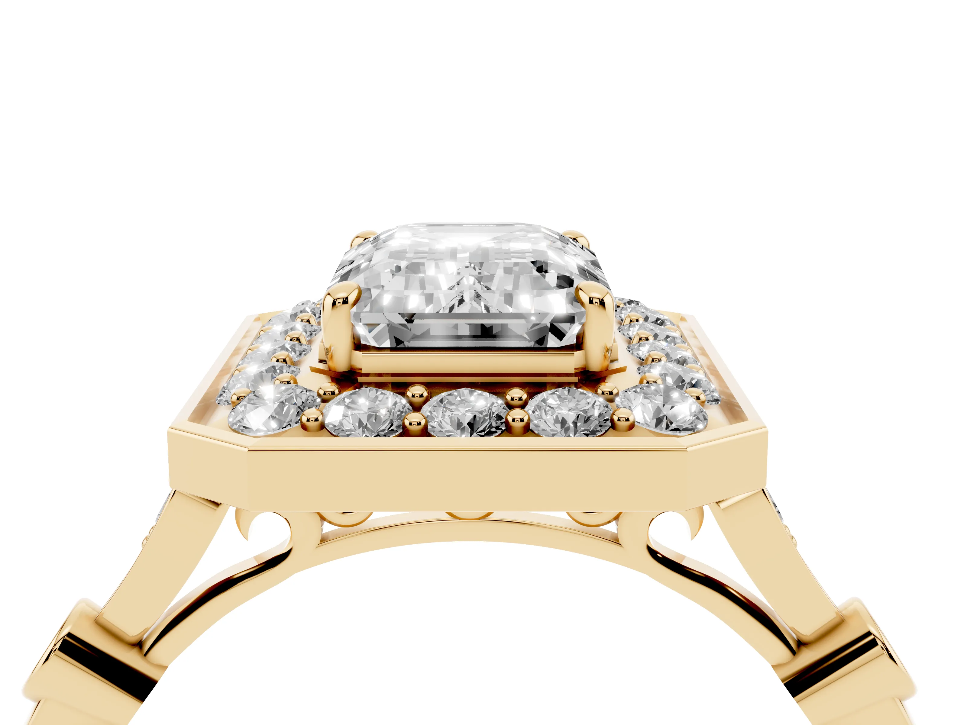 Emerald Cut Diamond Halo Engagement Ring Set in Yellow gold with Twisted Band and Prong Setting