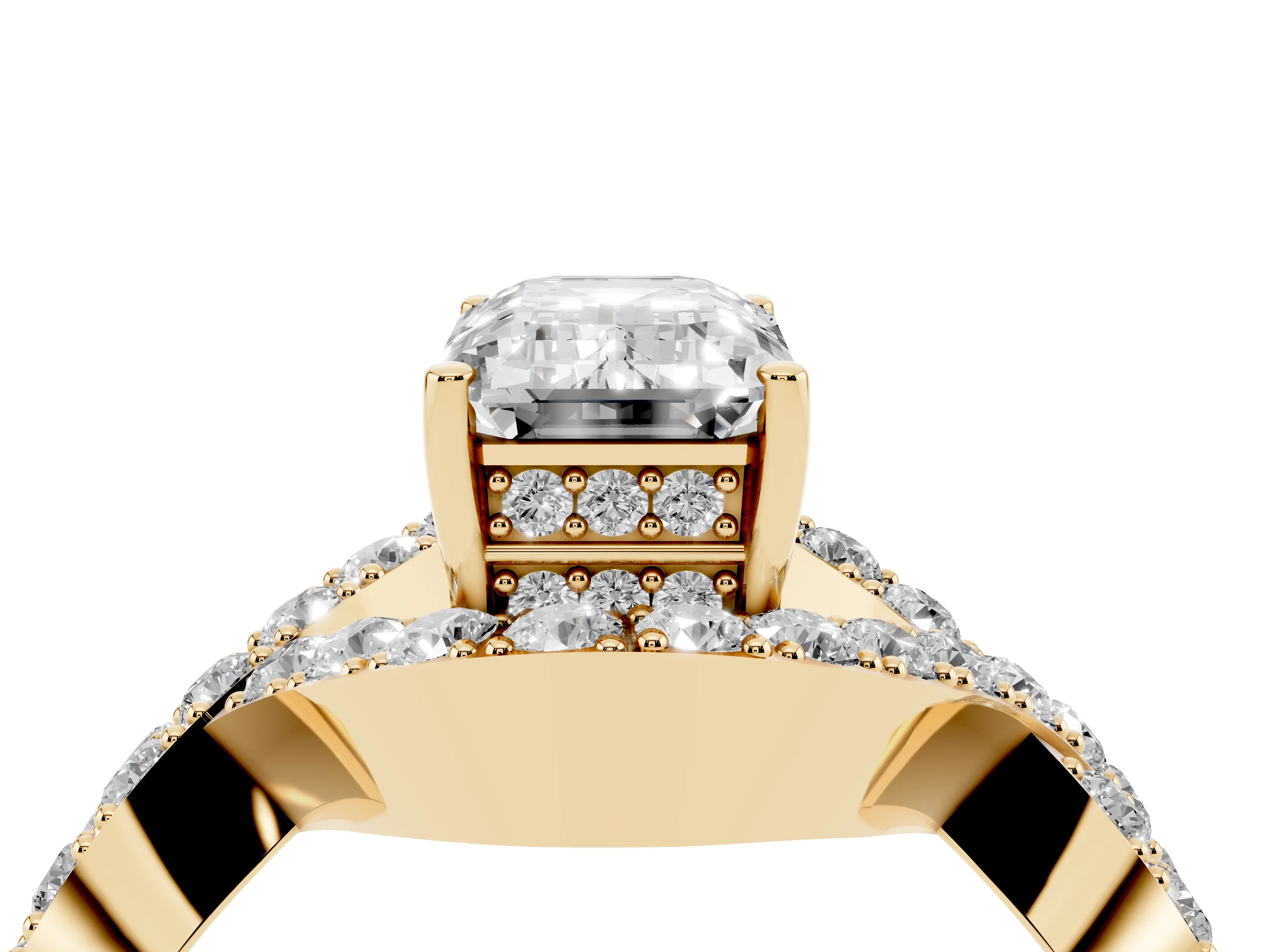 Emerald Cut Diamond Solitaire Twist Band Pavé Engagement Ring Set in Yellow gold