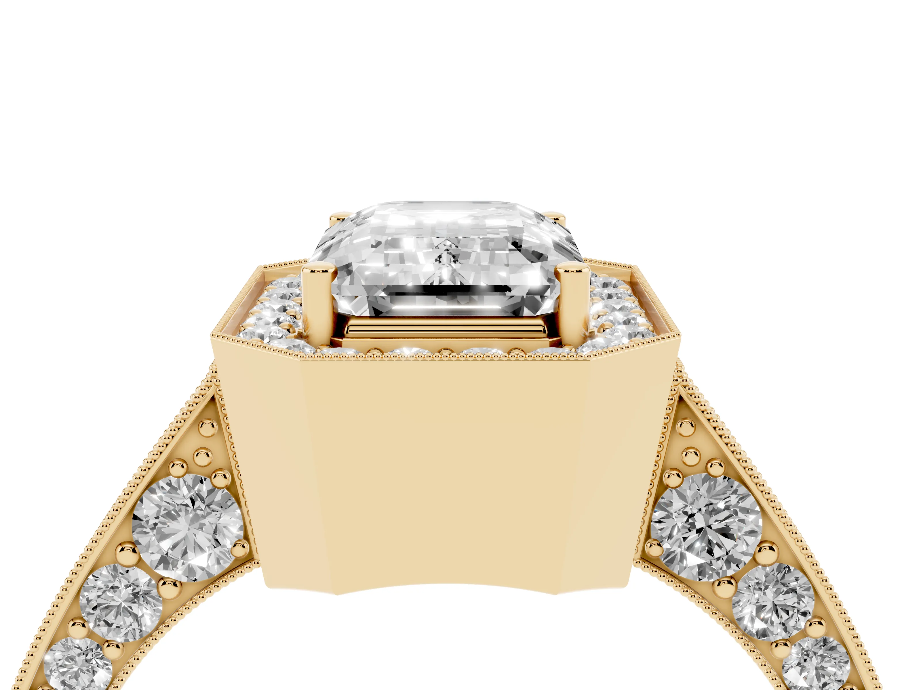 Emerald Cut Diamond Halo Engagement Ring Set in Yellow gold with Accent Split Shank Band