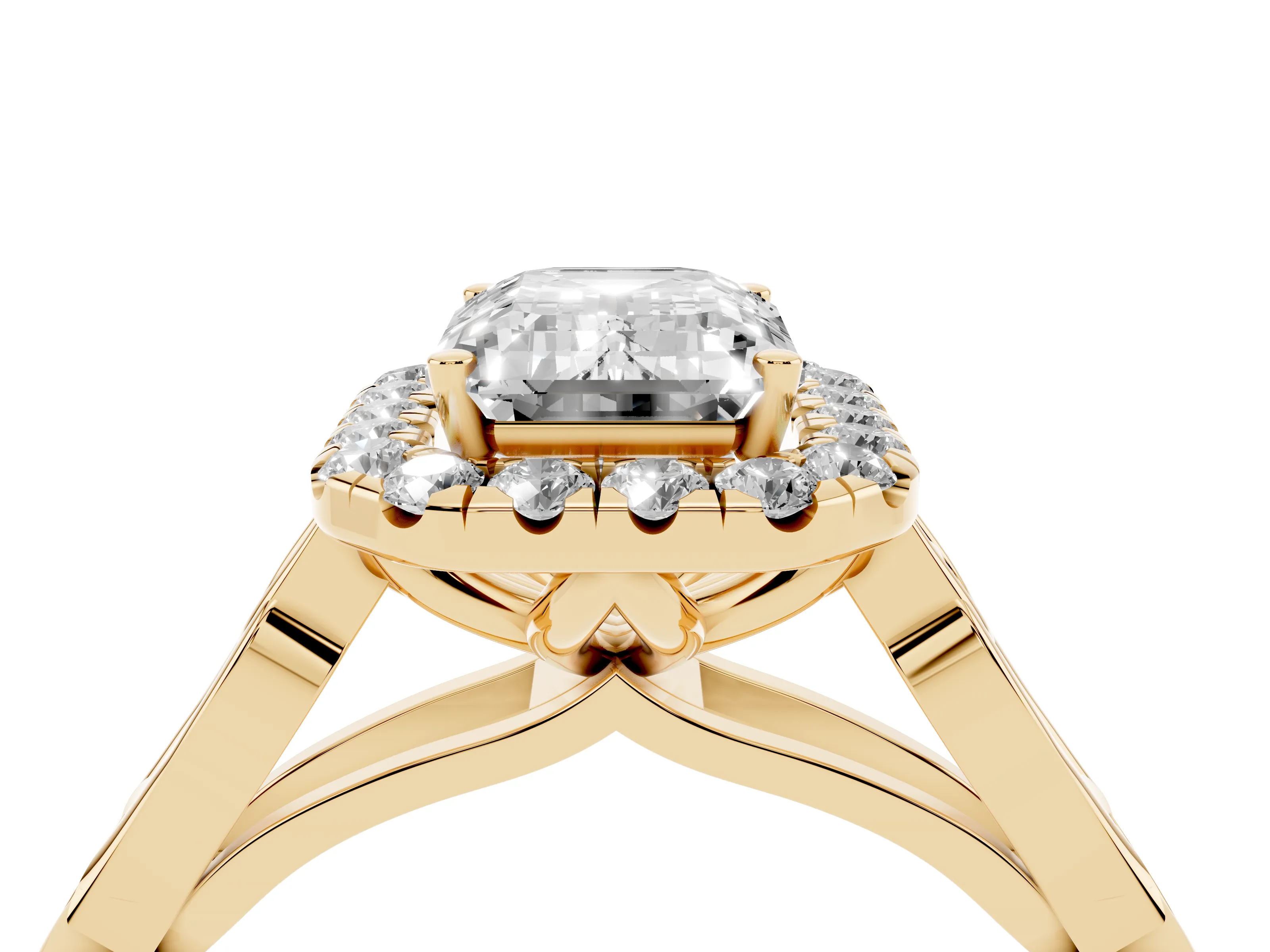 Emerald Cut Diamond Halo Engagement Ring Set in Yellow gold with Filigree Band and Prong-Set Center